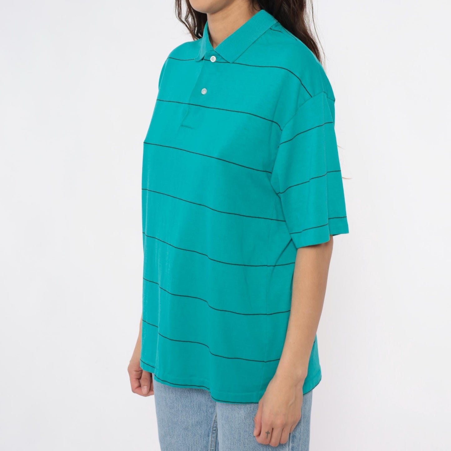 80s Chesterfield Teal Striped Polo Shirt Black Lines Cotton Large L