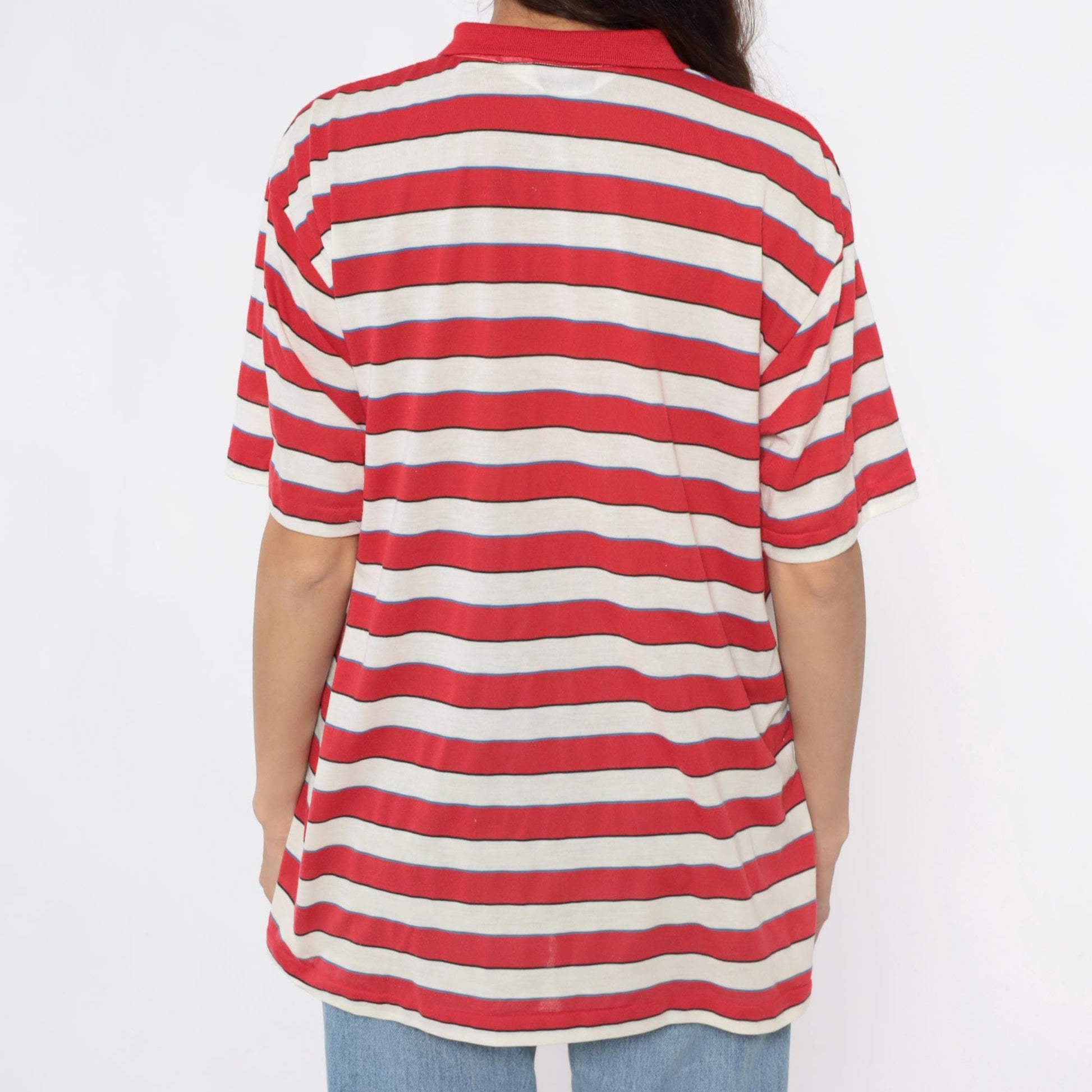80s Striped Polo Shirt Red Cream Blue Horizontal Stripes Short Sleeve Extra Large XL