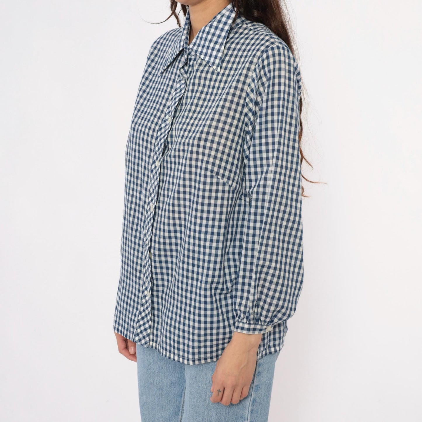 80s Lane Bryant Navy Gingham Check Button-Up Blouse Peter Pan Collar Plus Size XXL