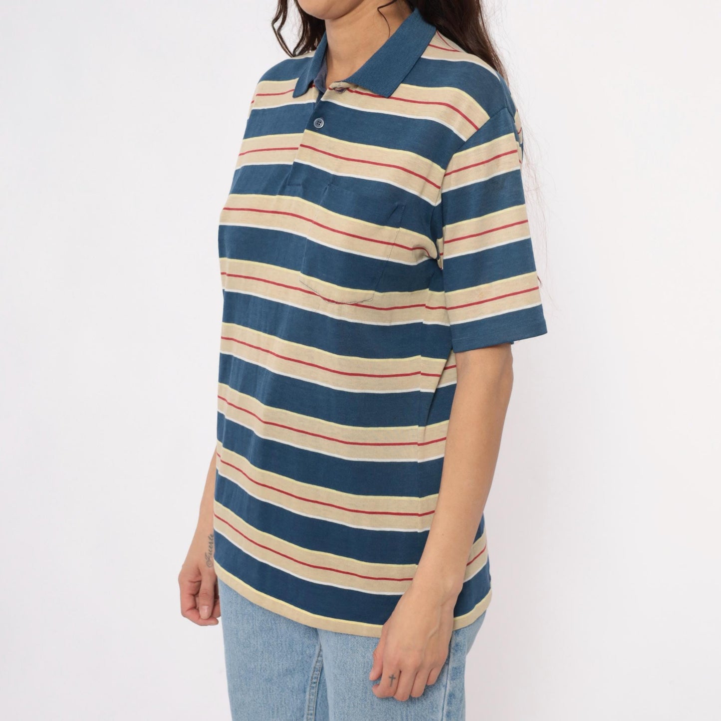 80s Striped Polo Shirt Navy Cream Red Horizontal Stripes Unisex Large