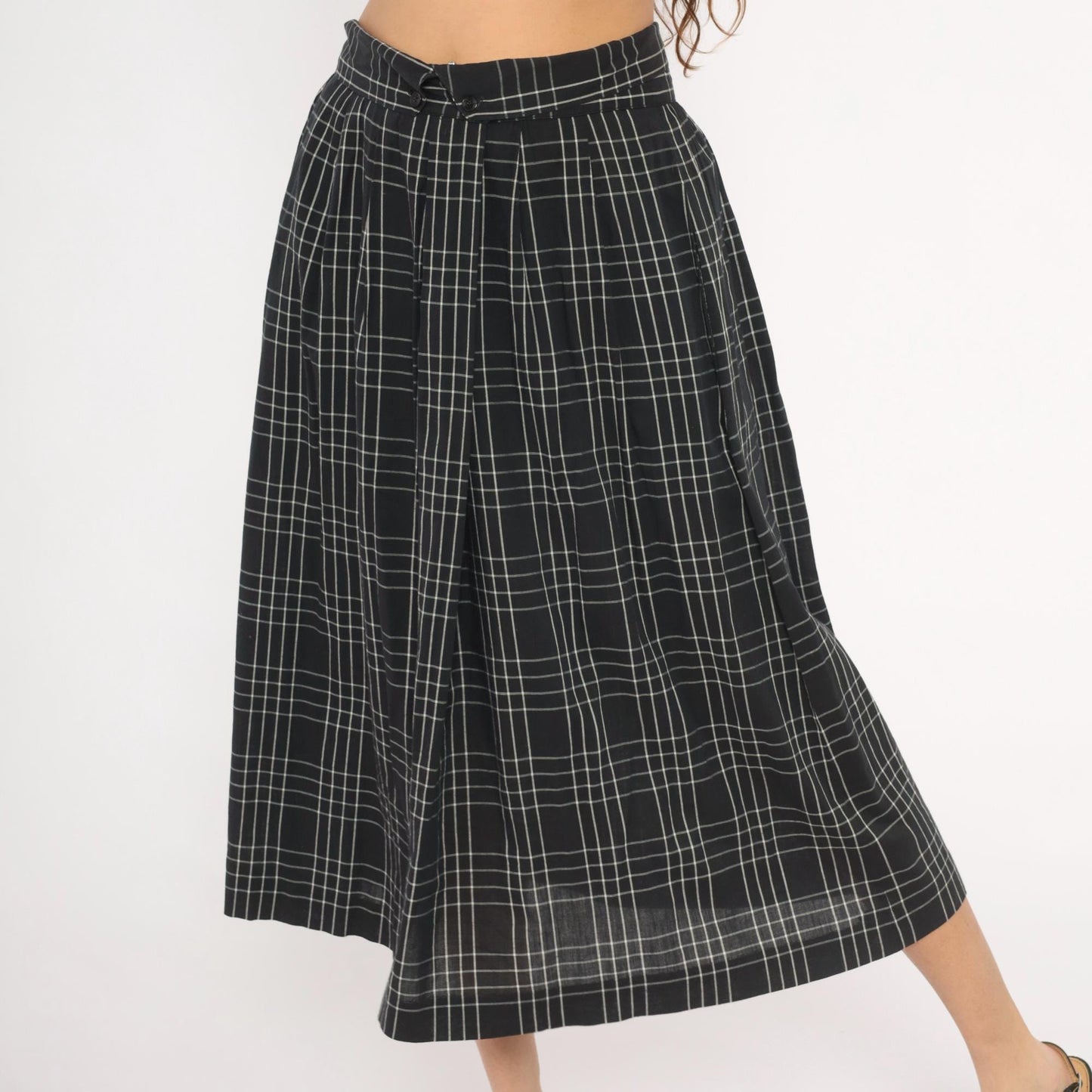 80s Heron Cove Casuals Windowpane Plaid Midi Skirt Black White Pleated Large L