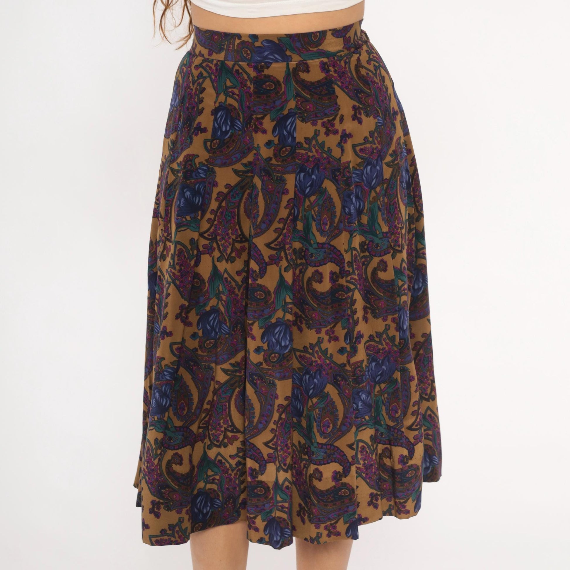 80s Saks Fifth Avenue Paisley Silk Skirt Knee-Length Pleated High Waist Small S