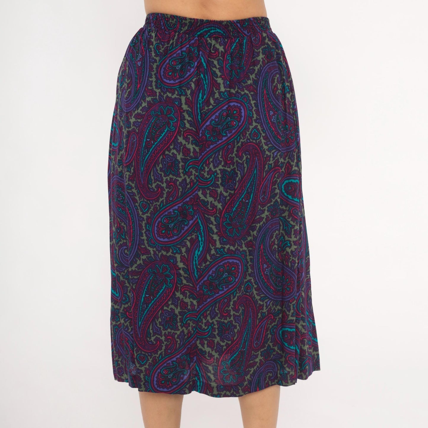 80s Paisley Midi Skirt Purple Teal A-Line Gathered Waist Small Medium