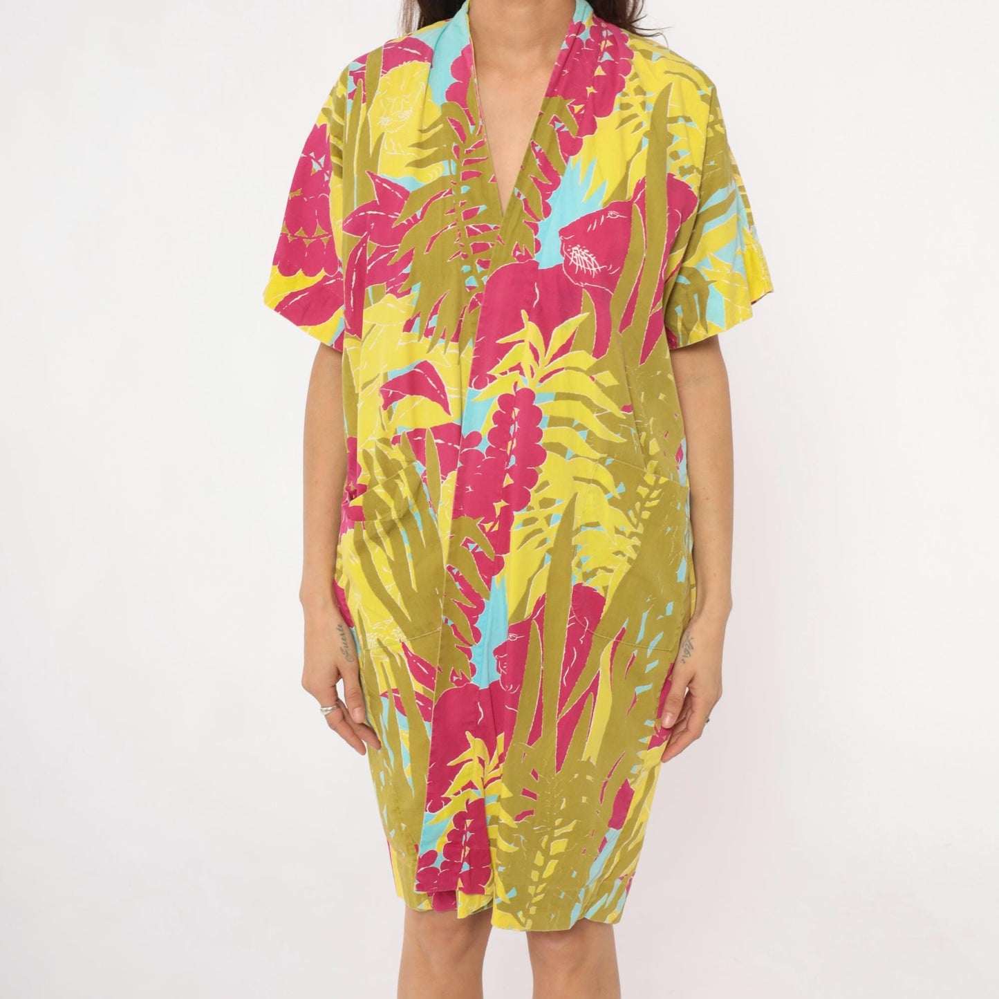80s Lion Jungle Tropical Kimono Robe Knee Length Cotton Small Medium