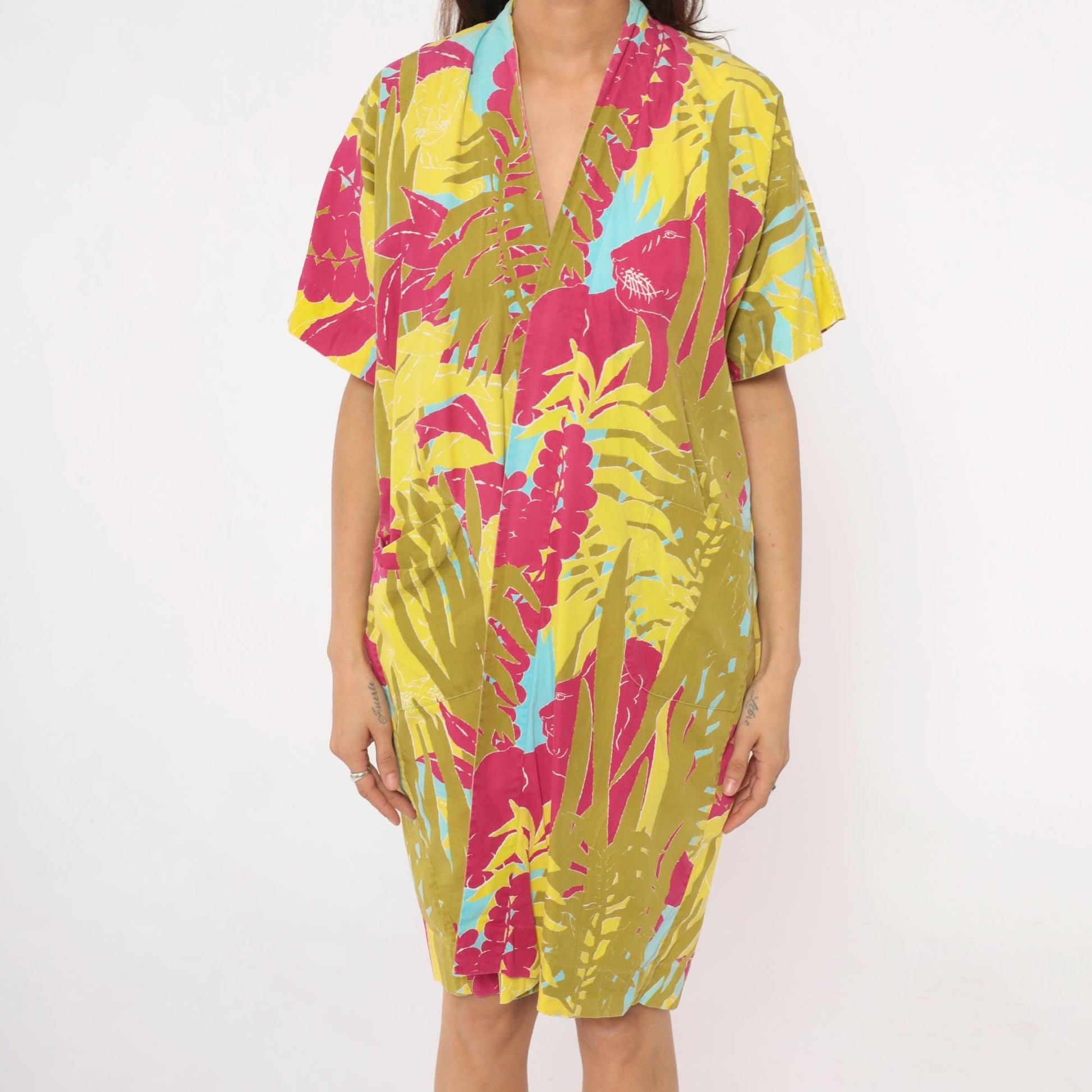 80s Lion Jungle Tropical Kimono Robe Knee Length Cotton Small Medium