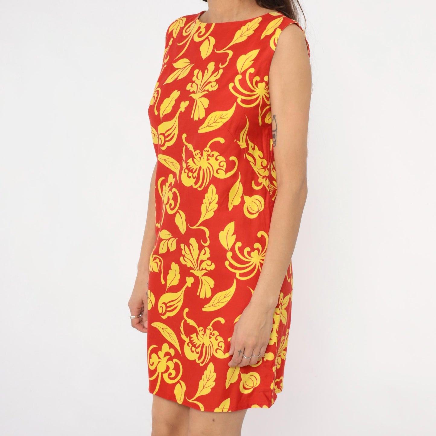 90s Red Floral Shift Dress Yellow Botanical Print Mini Small S