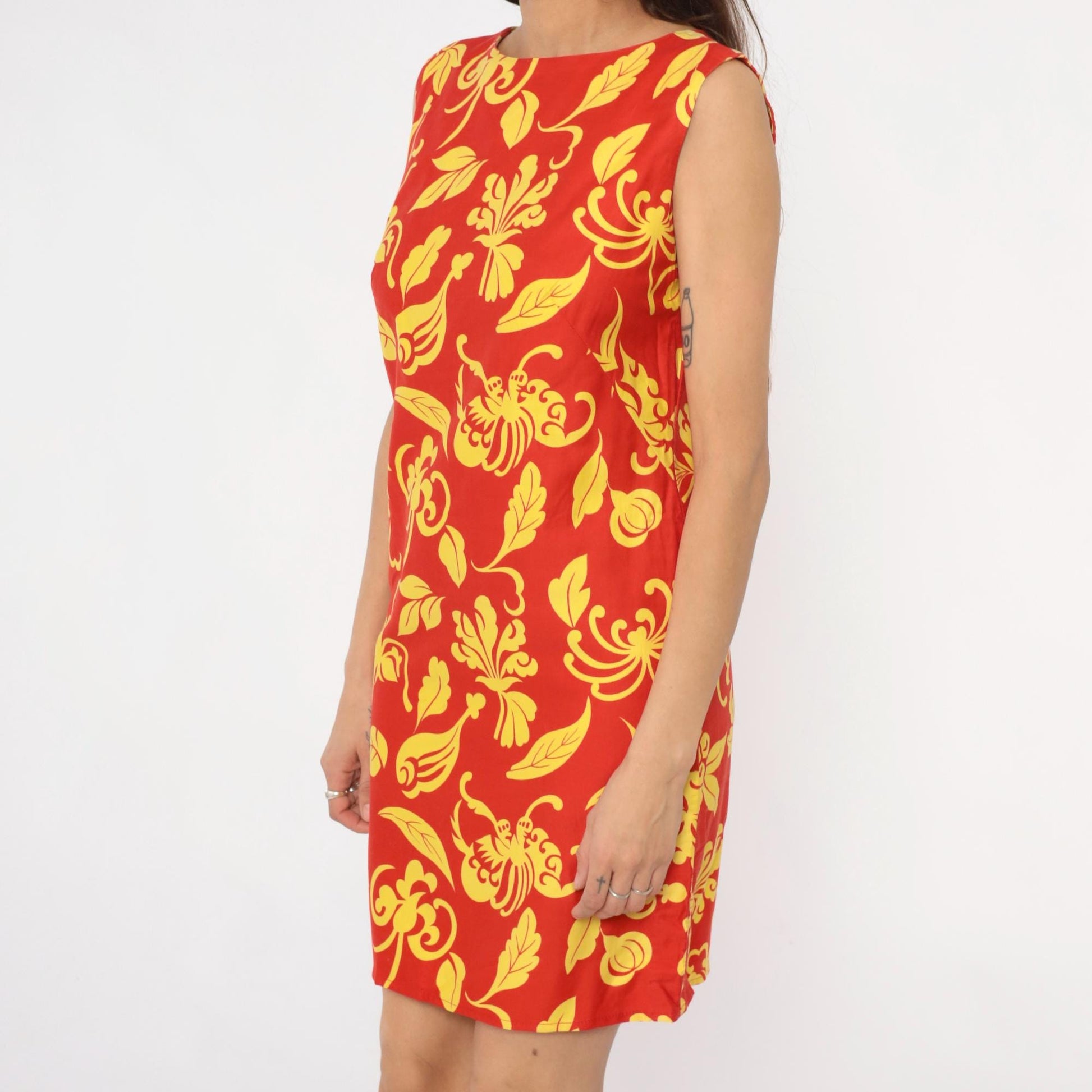 90s Red Floral Shift Dress Yellow Botanical Print Mini Small S