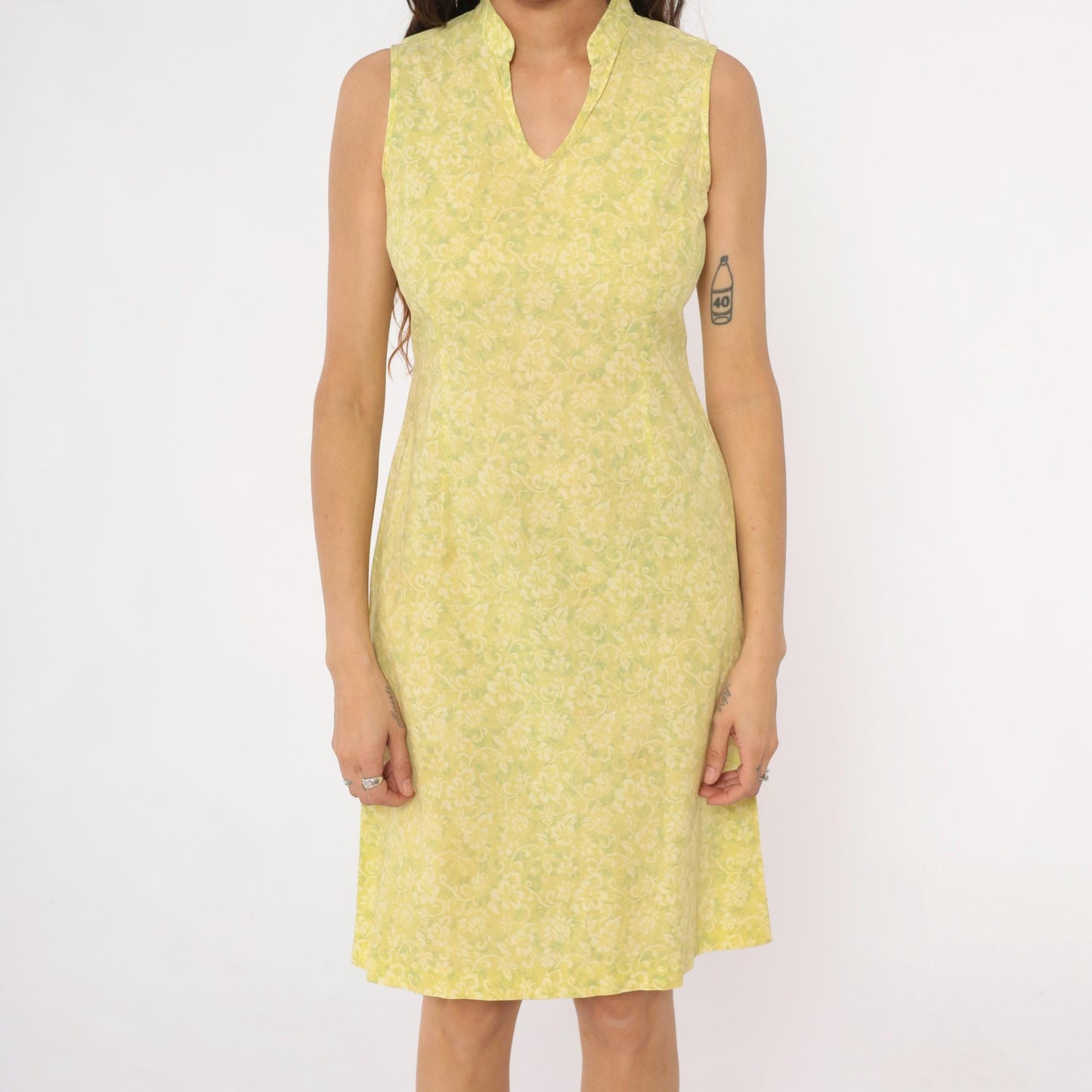Y2K Yellow Floral Damask Knee-Length Shift Dress Collared Small