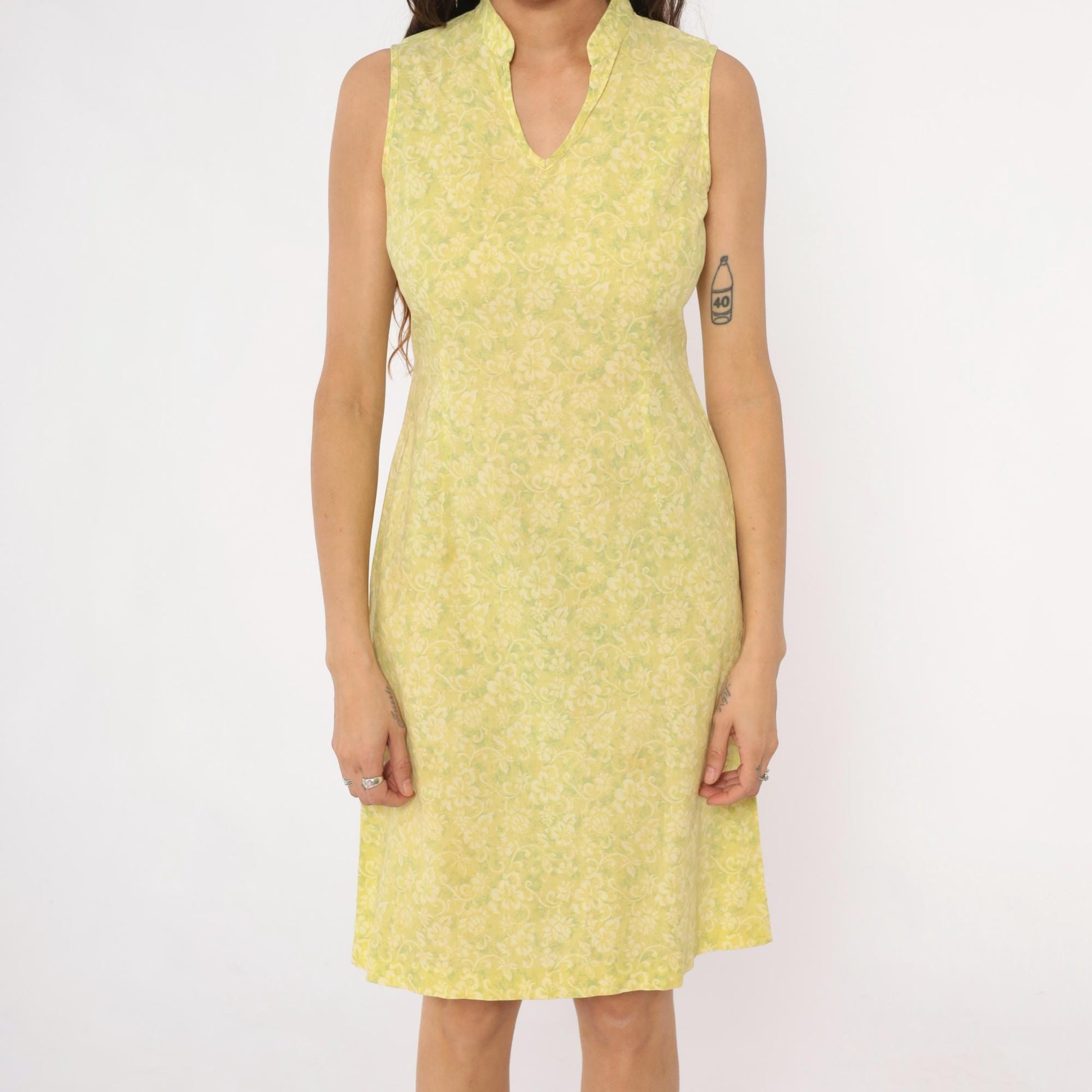 Y2K Yellow Floral Damask Knee-Length Shift Dress Collared Small