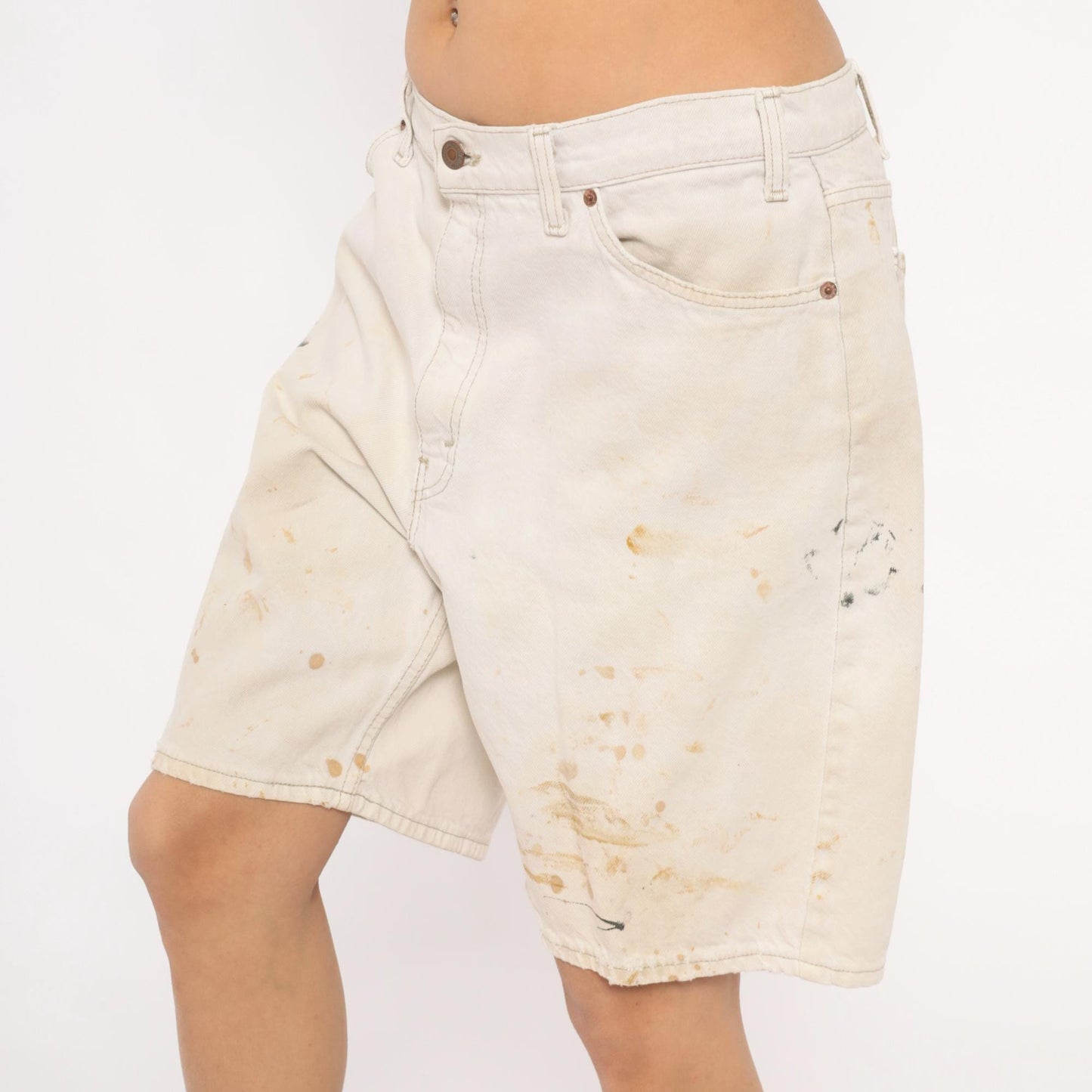 90s Levi's 550 Off-White Denim Shorts High Rise Distressed Cream Waist 36