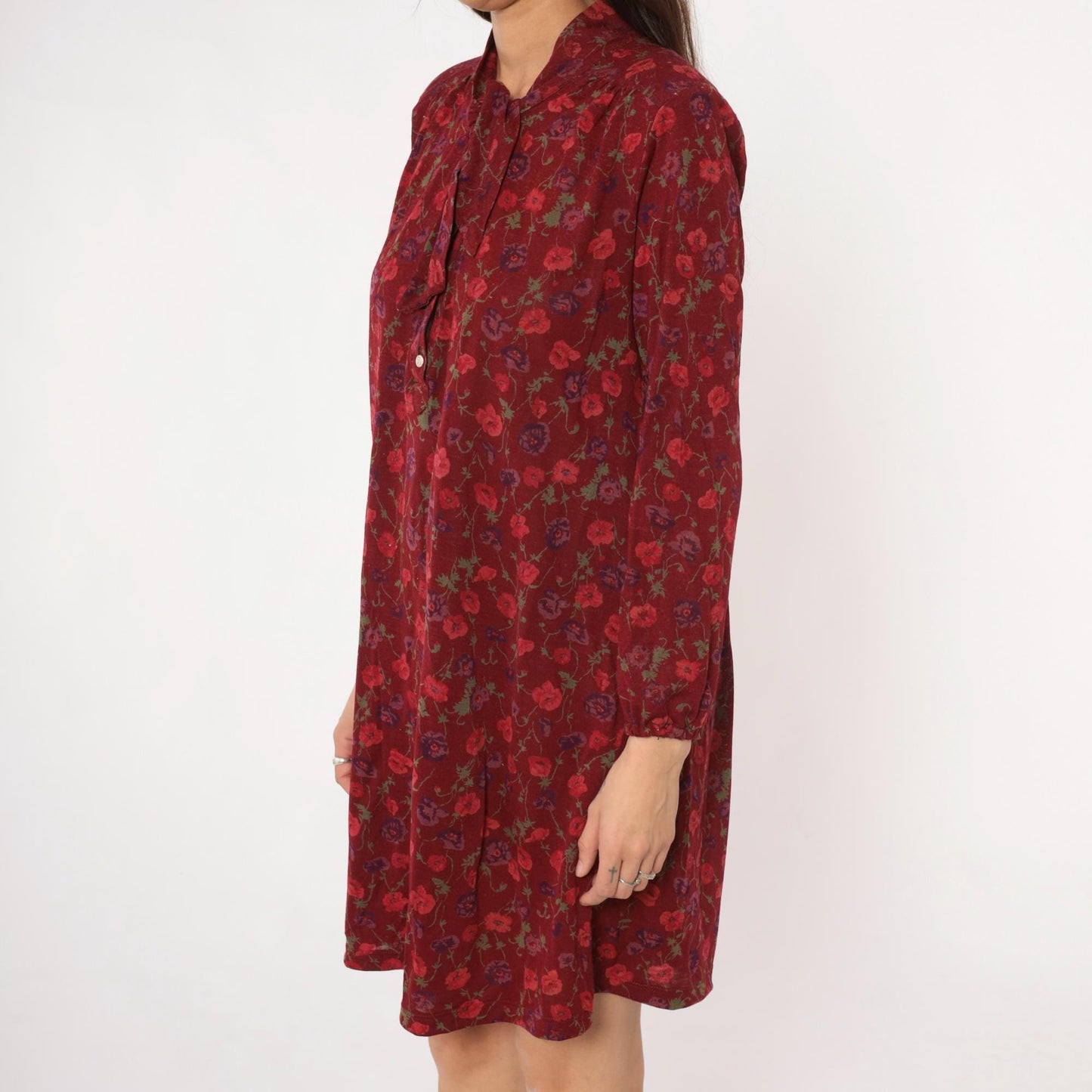 80s Burgundy Floral Midi Dress Long Sleeve Tie Neck Button Front Medium