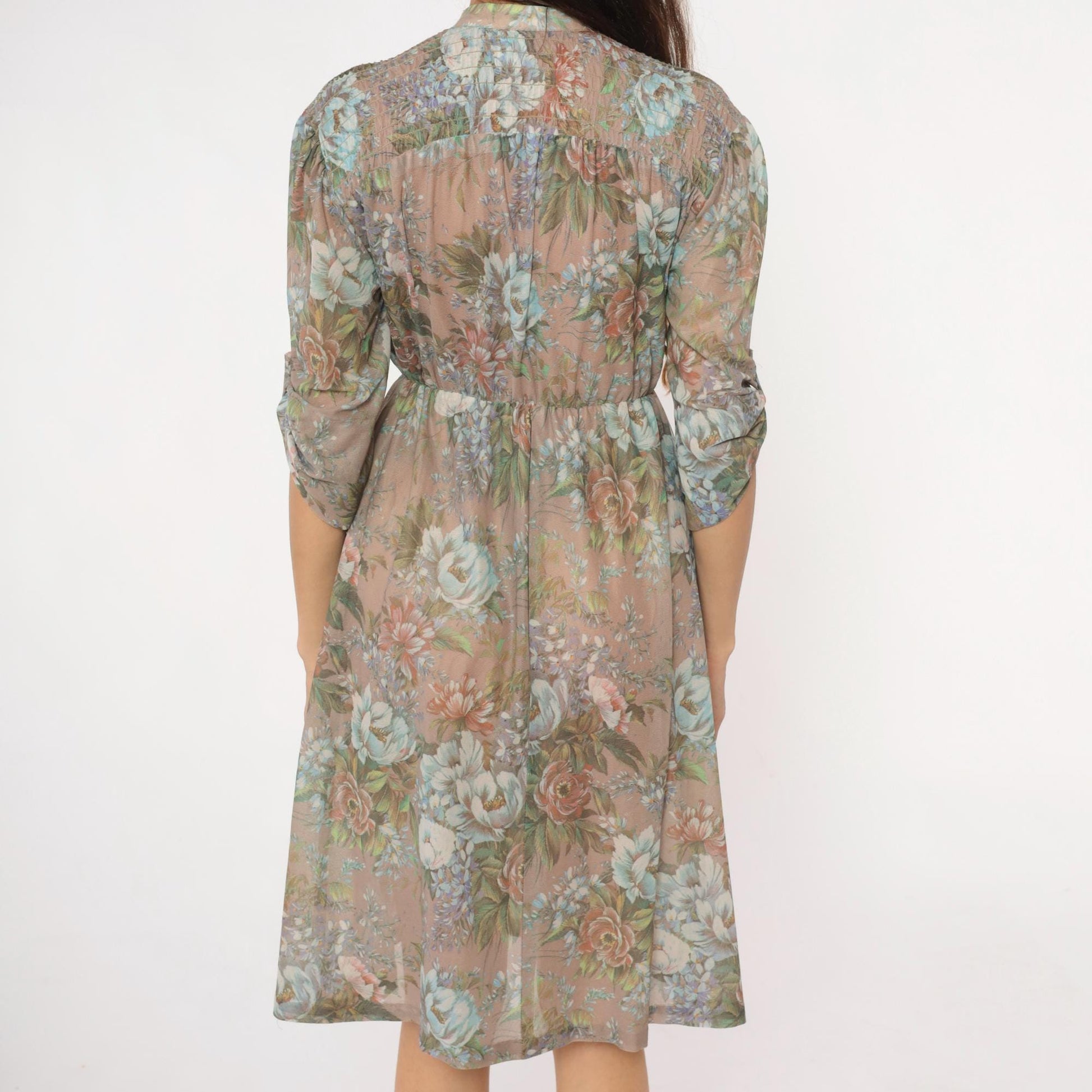 80s Floral Button-Front Dress Sheer Polyester Taupe Pink Green Small