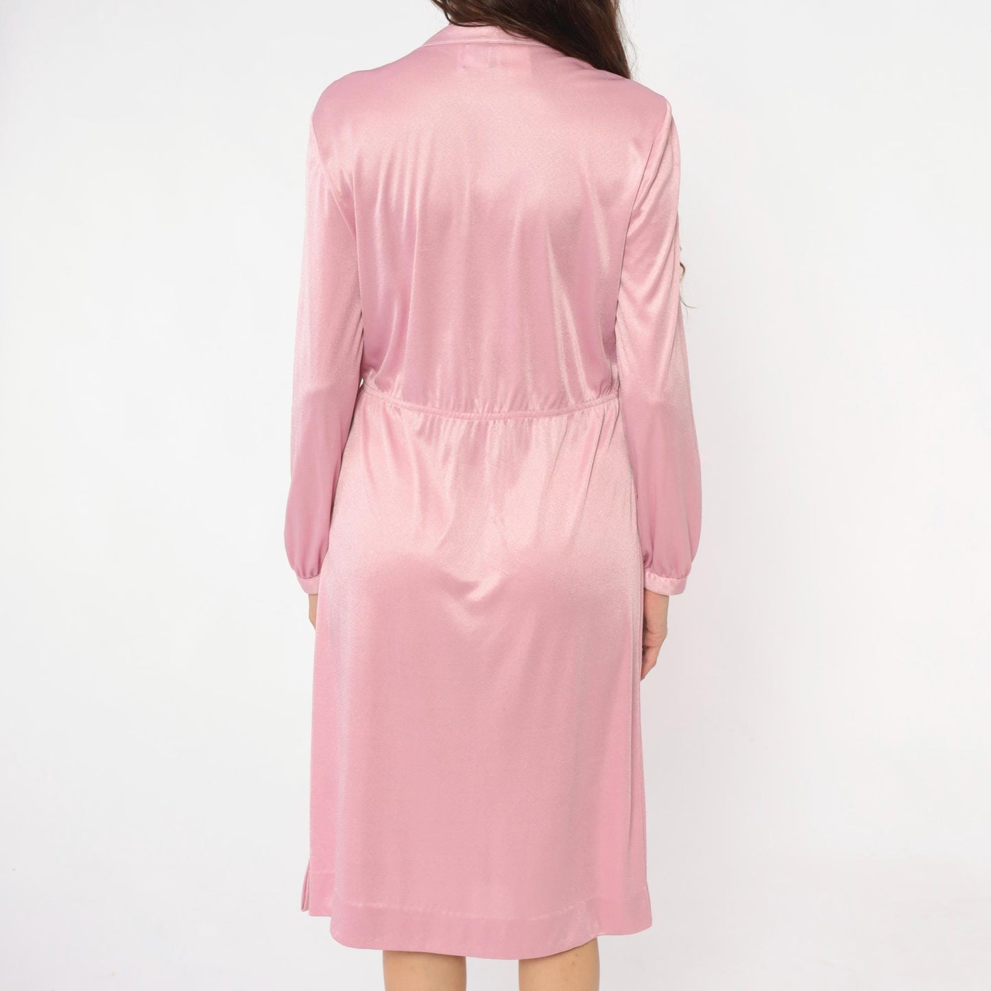 70s Leslie Fay Pink Knee-Length Dress V-Neck Smocked Shoulders Medium Large