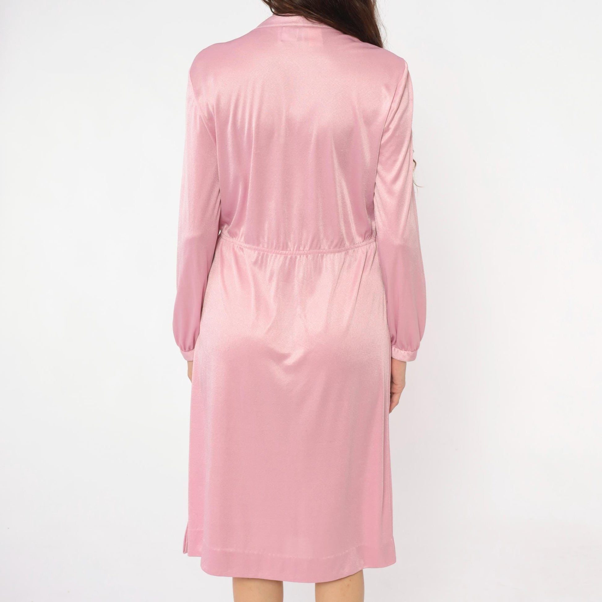 70s Leslie Fay Pink Knee-Length Dress V-Neck Smocked Shoulders Medium Large
