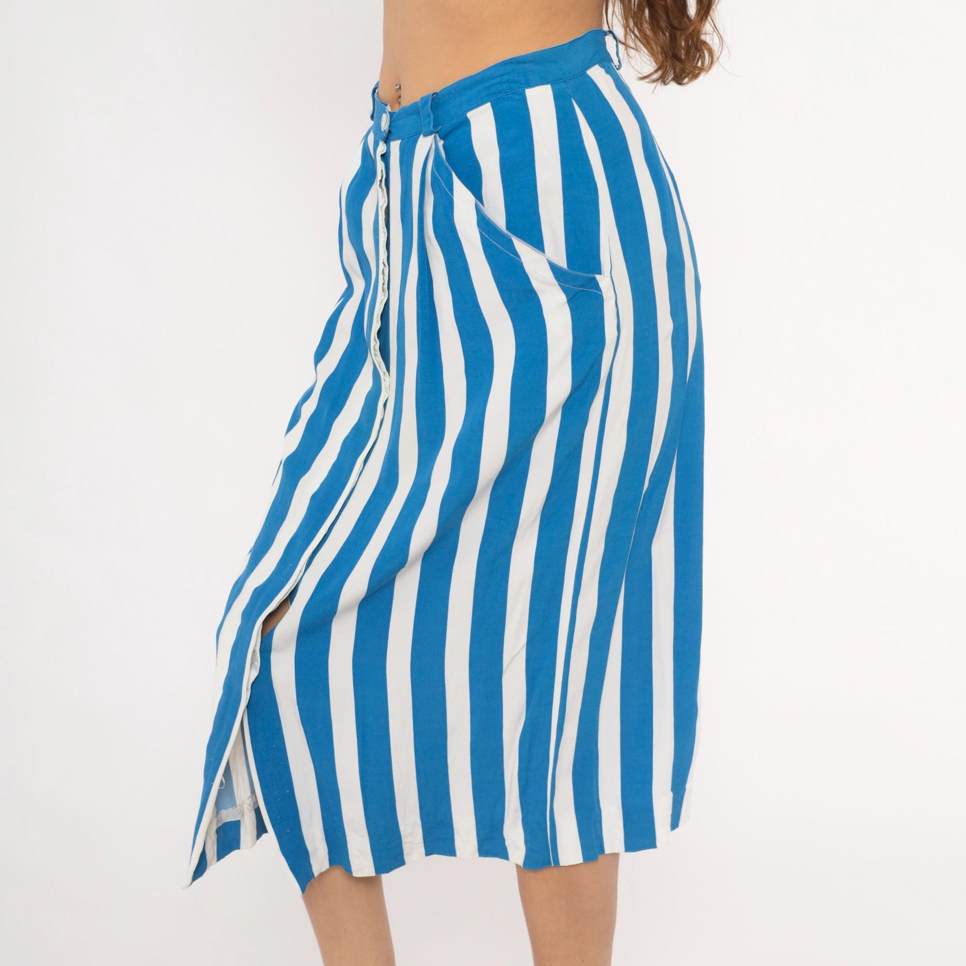 90s Jones New York Blue White Striped Midi Skirt High Waist Pockets Medium M