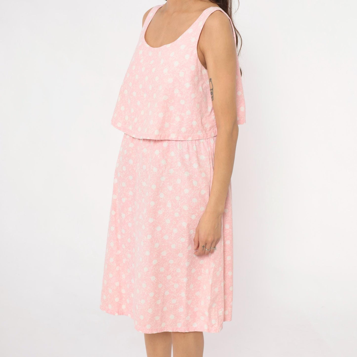 90s Pink Polka Dot Cotton Sundress Sleeveless Scoop Neck Medium M