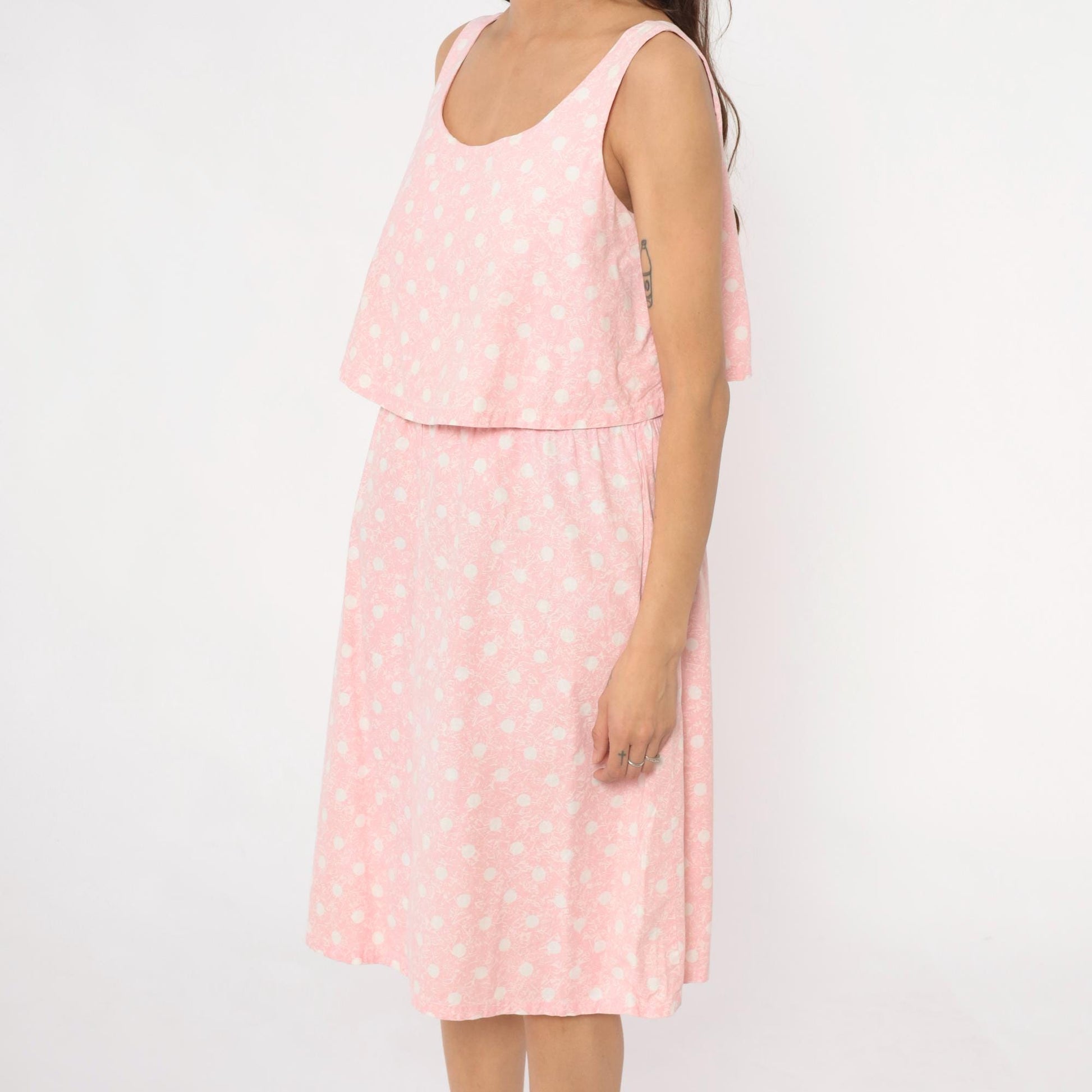 90s Pink Polka Dot Cotton Sundress Sleeveless Scoop Neck Medium M