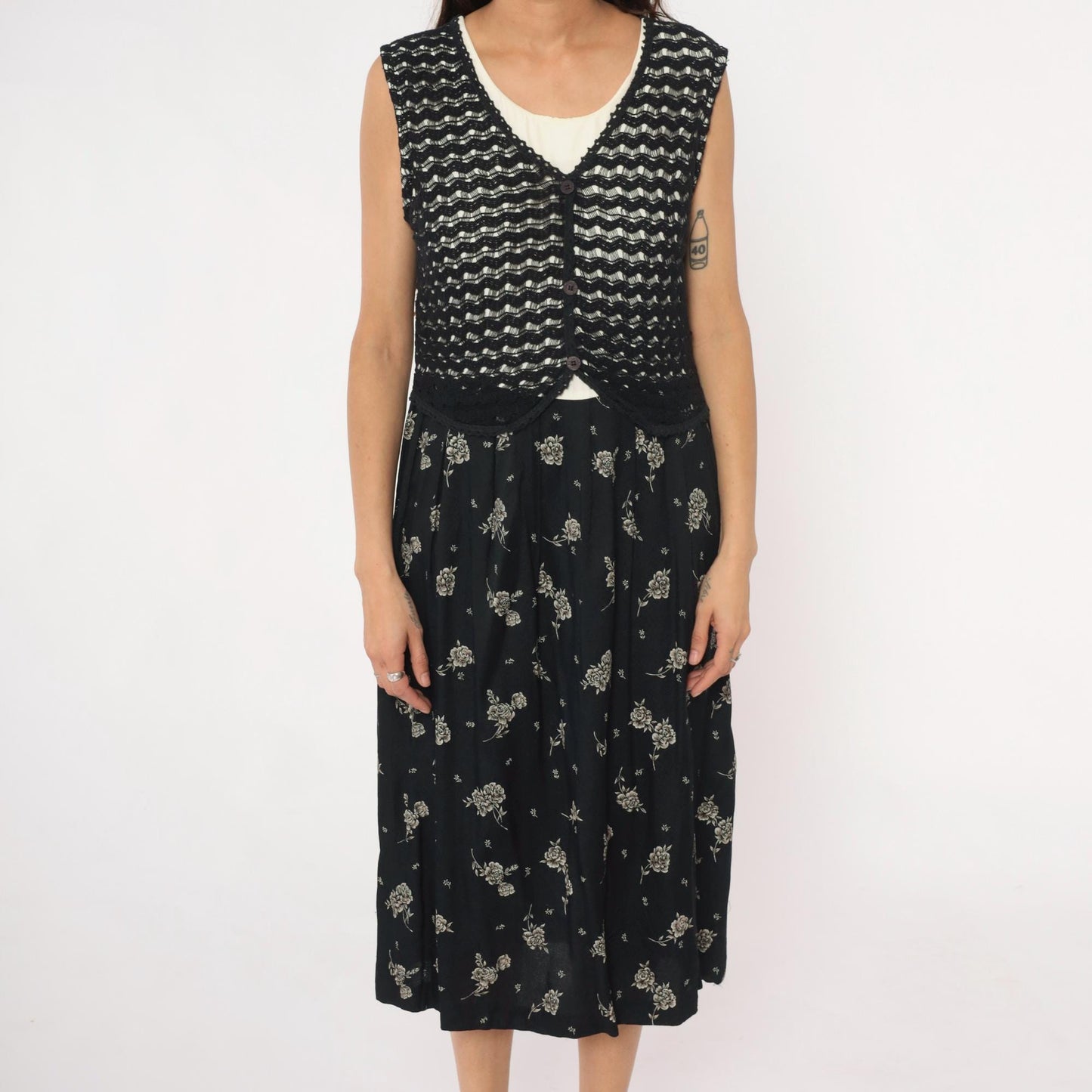 90s Molly Malloy Black Floral Midi Dress with Knit Vest Overlay Small