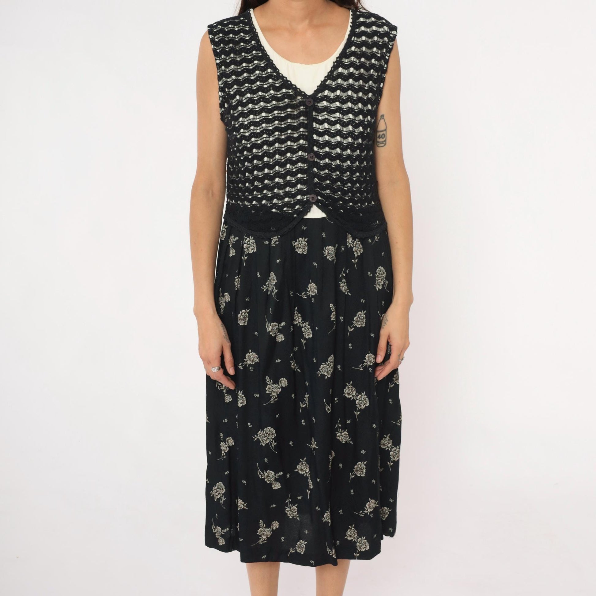 90s Molly Malloy Black Floral Midi Dress with Knit Vest Overlay Small
