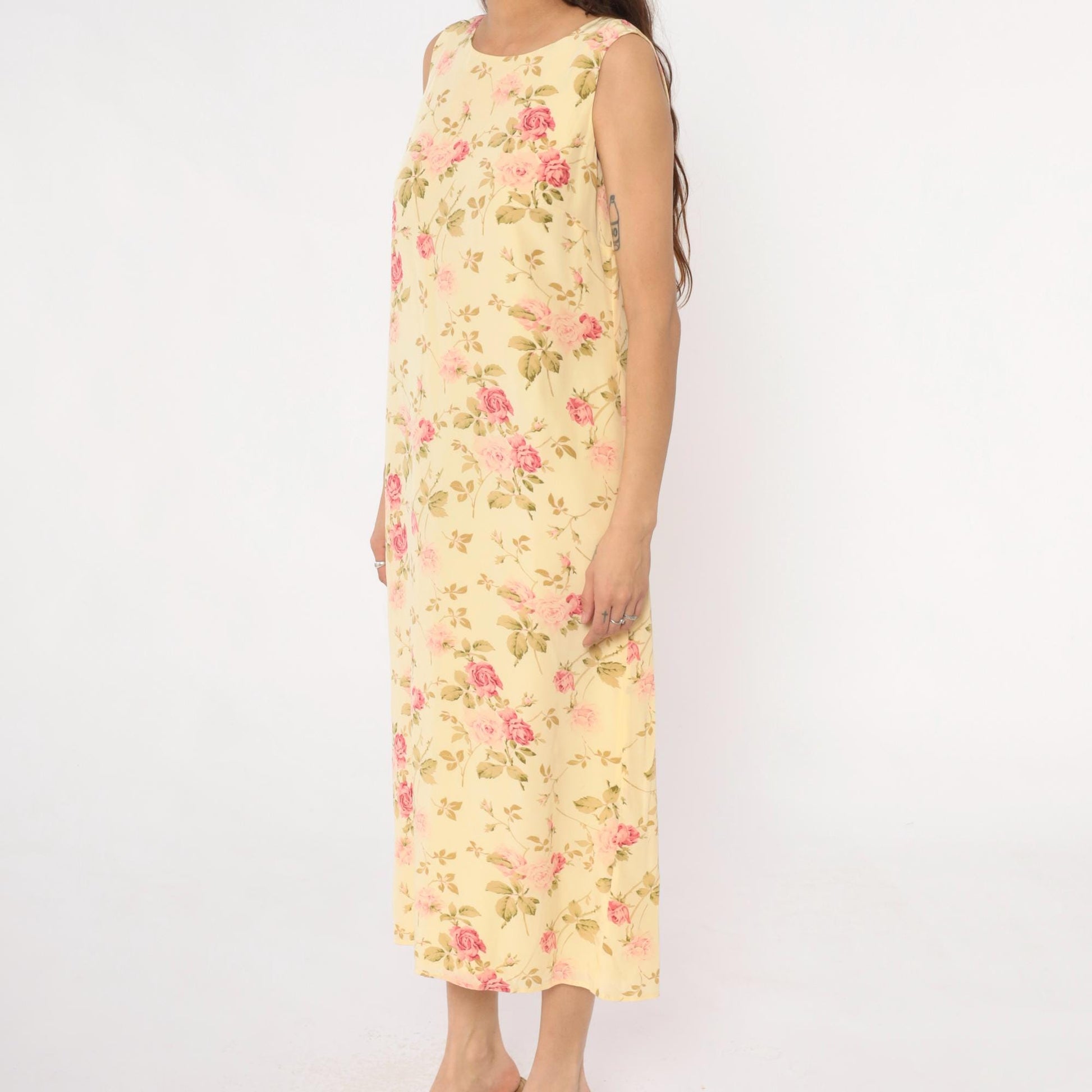 90s Silk Maxi Dress Yellow Floral Rose Print Shift Sleeveless Large L