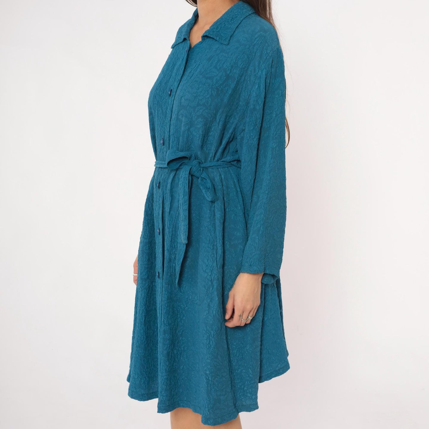 Y2K Teal Jacquard Floral Duster Robe Tie Belt Collared Long Sleeve Large