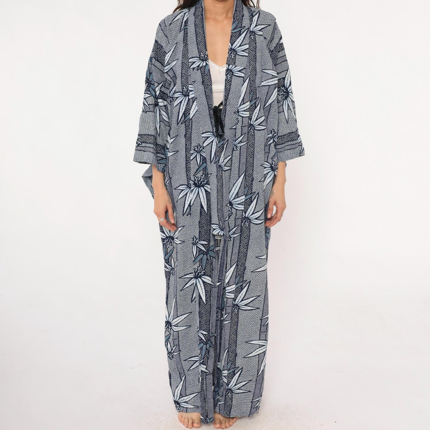 80s Blue White Botanical Kimono Robe Maxi Floral Leaf Print Medium