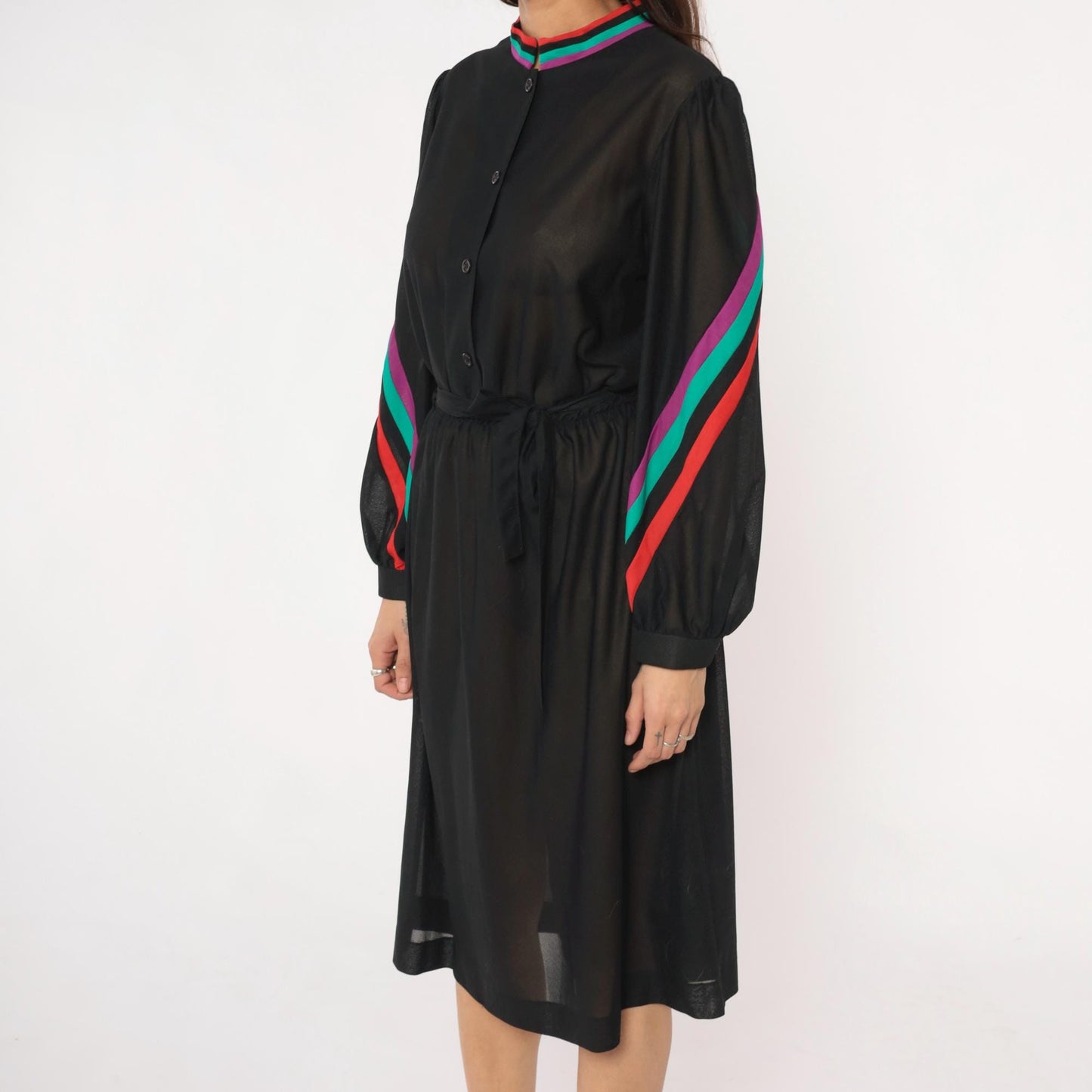 80s Blair Black Dress Striped Trim Stand Collar Long Sleeve Knee Length Medium