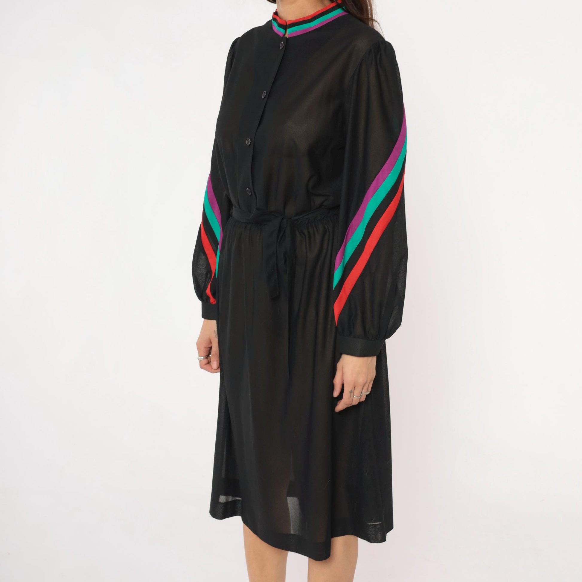80s Blair Black Dress Striped Trim Stand Collar Long Sleeve Knee Length Medium