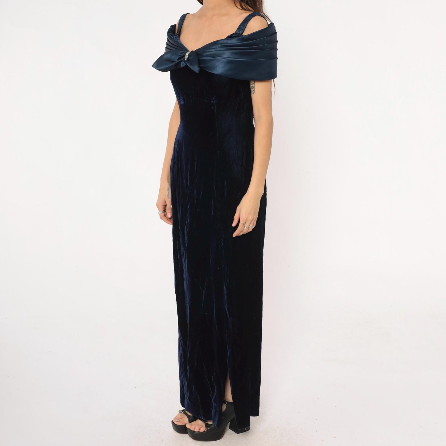 90s Navy Velvet Maxi Dress Off-Shoulder Bow Rhinestone Medium