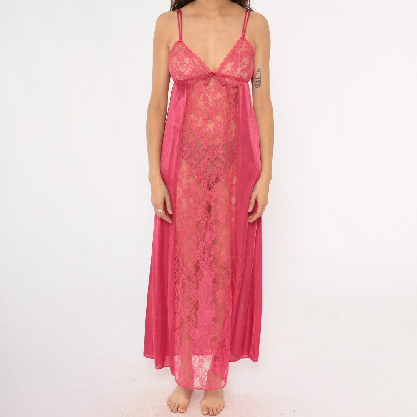 80s Rose Pink Lace Maxi Nightgown V-Neck Spaghetti Strap Medium