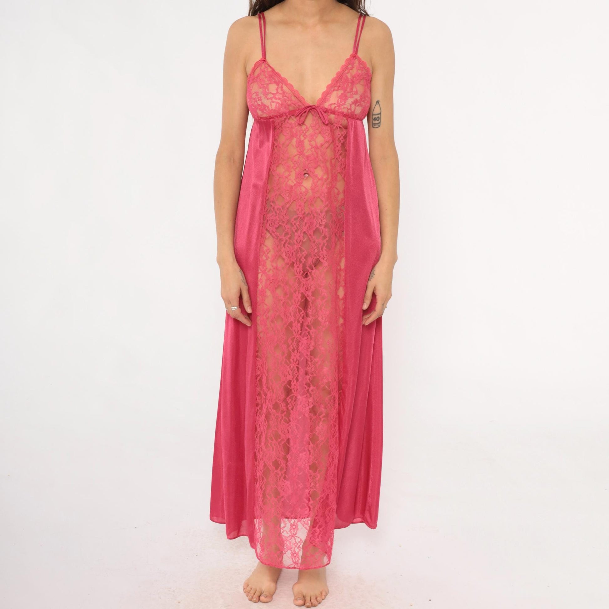 80s Rose Pink Lace Maxi Nightgown V-Neck Spaghetti Strap Medium