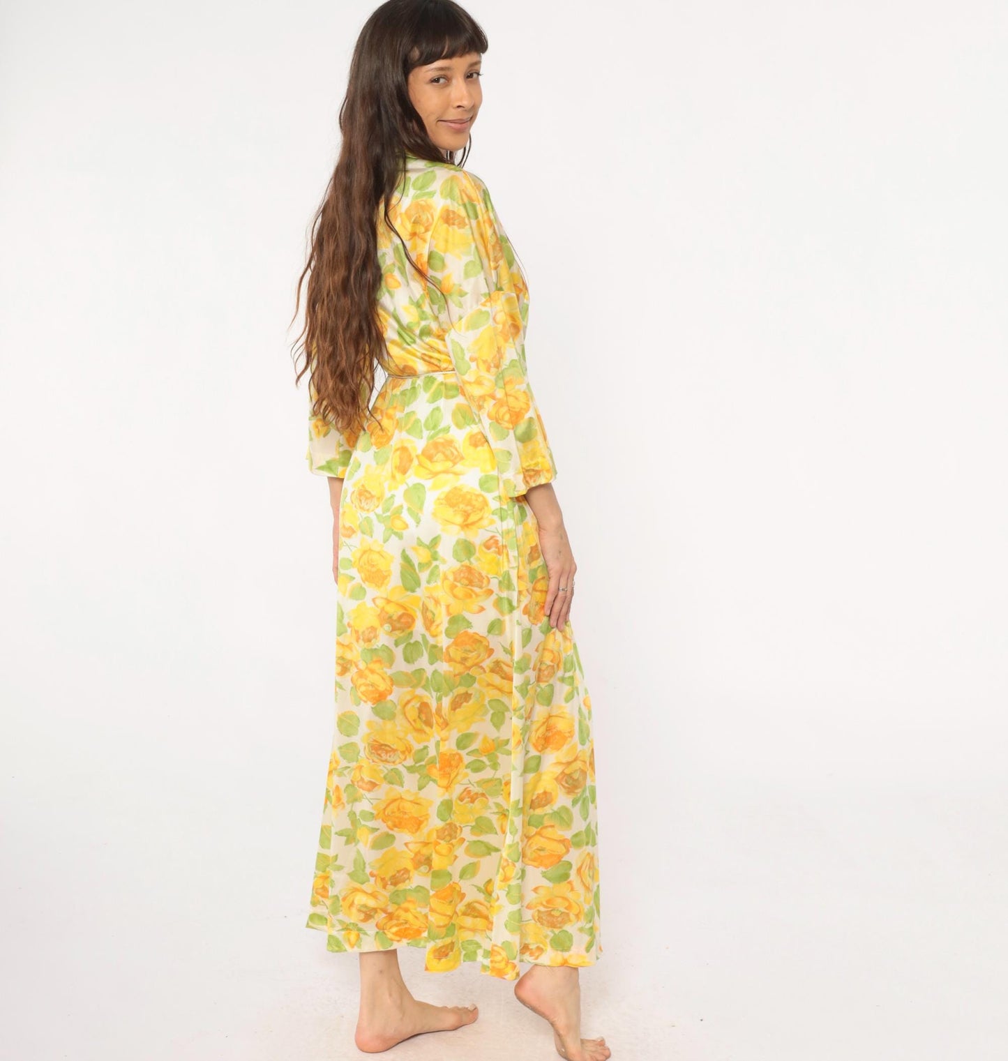 80s Vanity Fair Yellow Rose Floral Robe Maxi Duster Shawl Collar Medium