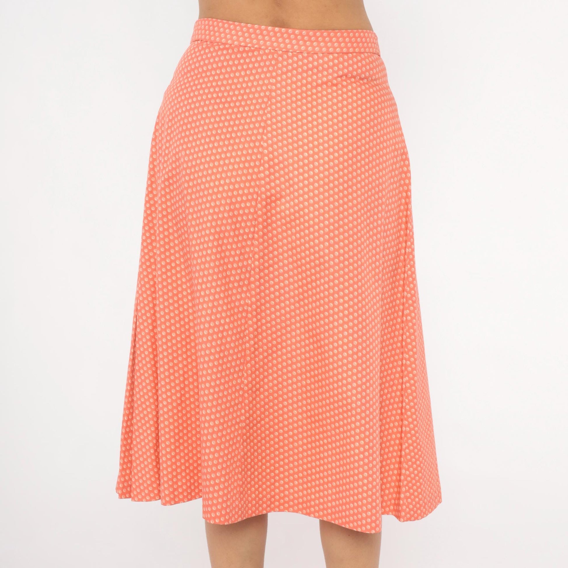 80s Coral Polka Dot A-Line Skirt Button Front High Waist Knee Length Small S