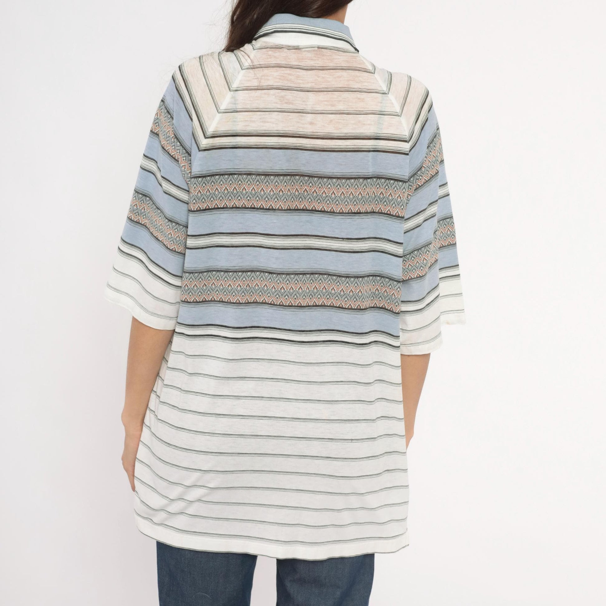 80s Grand Slam Southwestern Polo Striped Knit Diamond Jacquard Sky Blue Large L