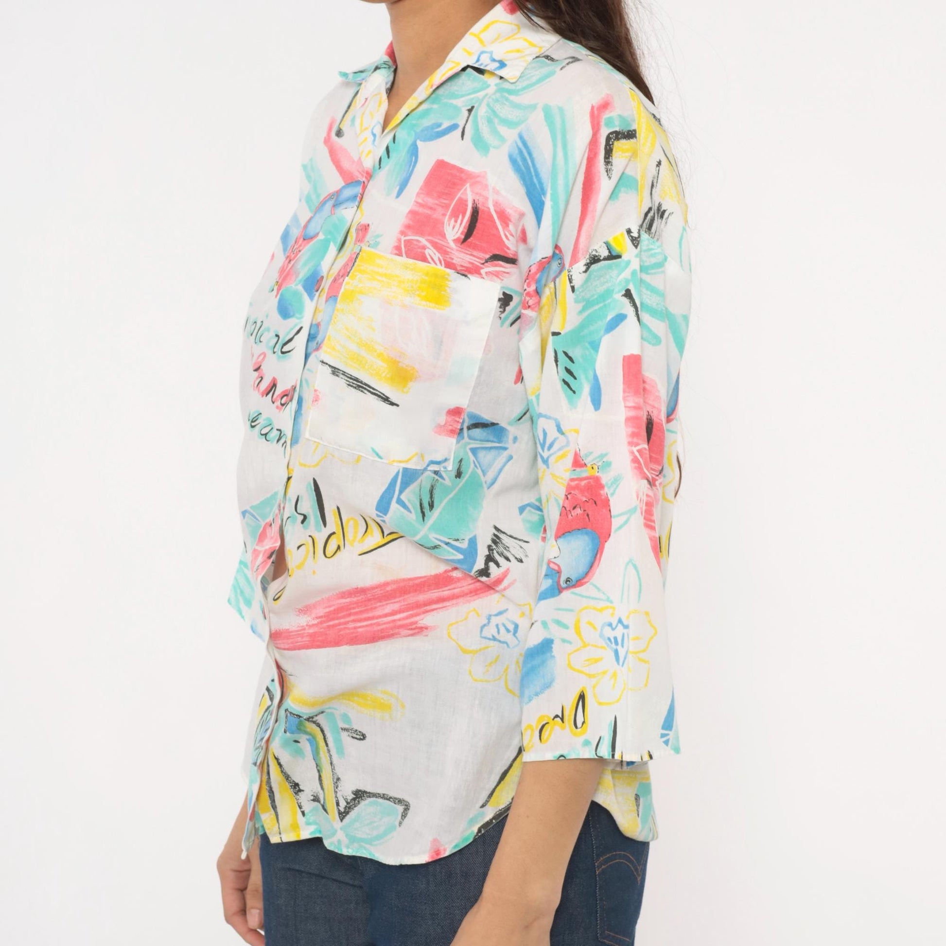 80s Touche LA Tropical Toucan Shirt White Pink Teal Bird Print Large L