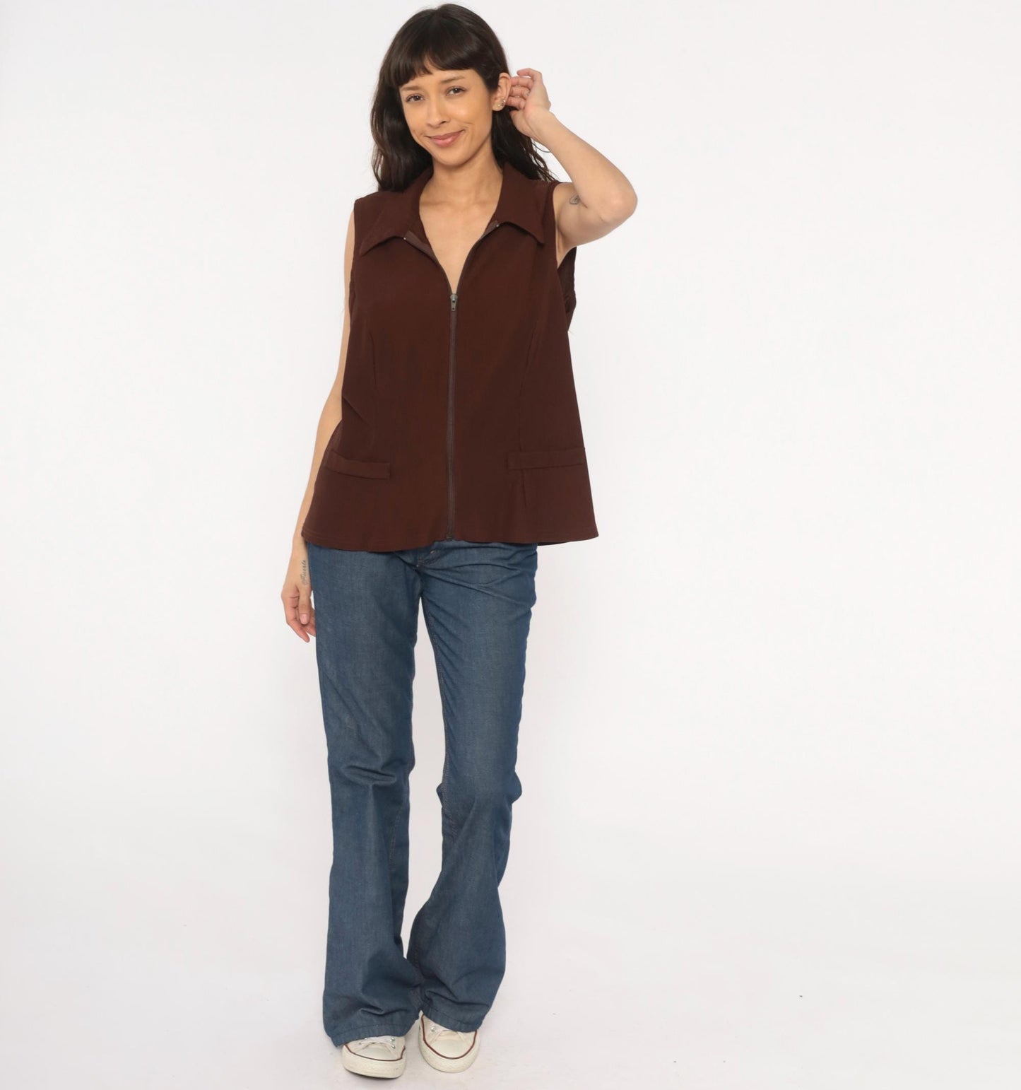90s New Woman Brown Ribbed Knit Vest Pointed Collar Zip-Front Extra Large XL