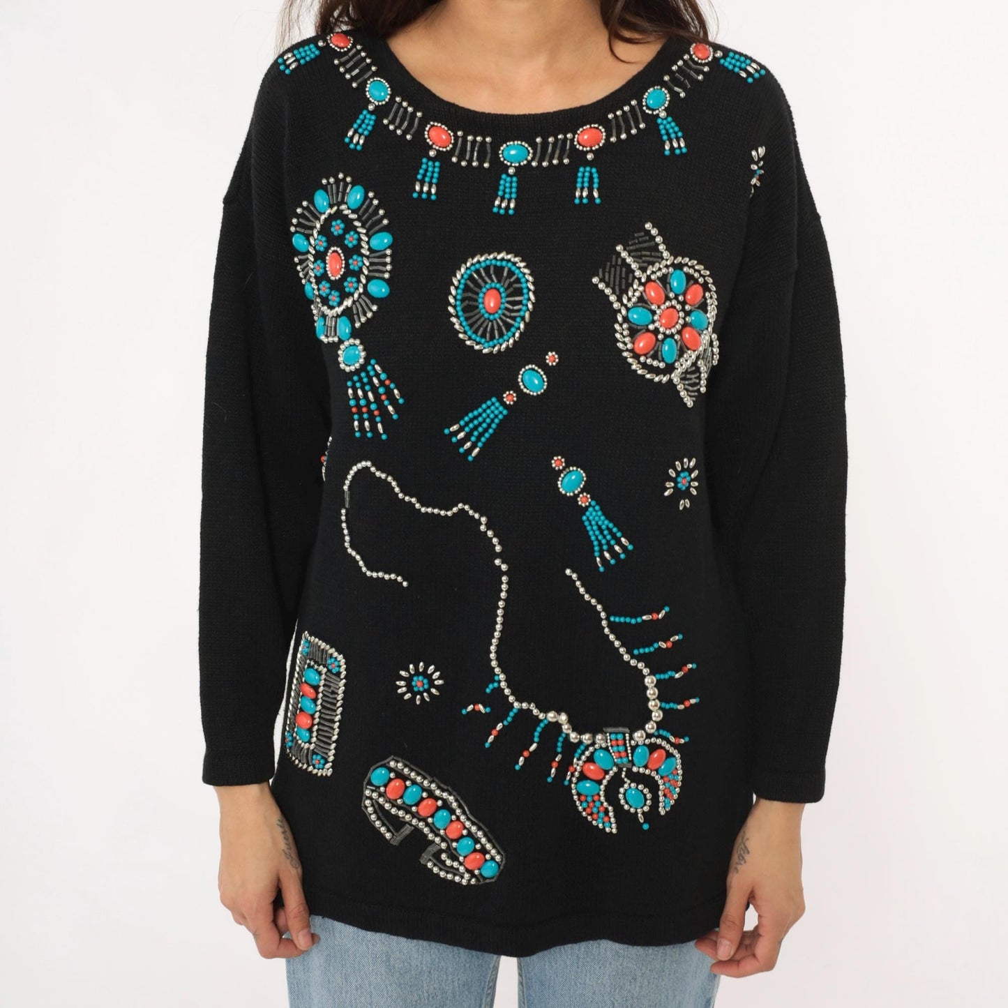 90s Victoria Jones Southwestern Sweatshirt Black Beaded Turquoise Coral Large L