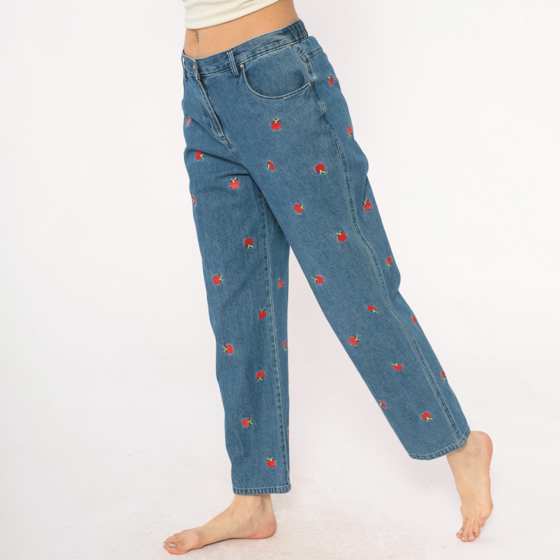 90s Breckenridge Petite Apple Embroidered Jeans Cropped High Waist Blue Small
