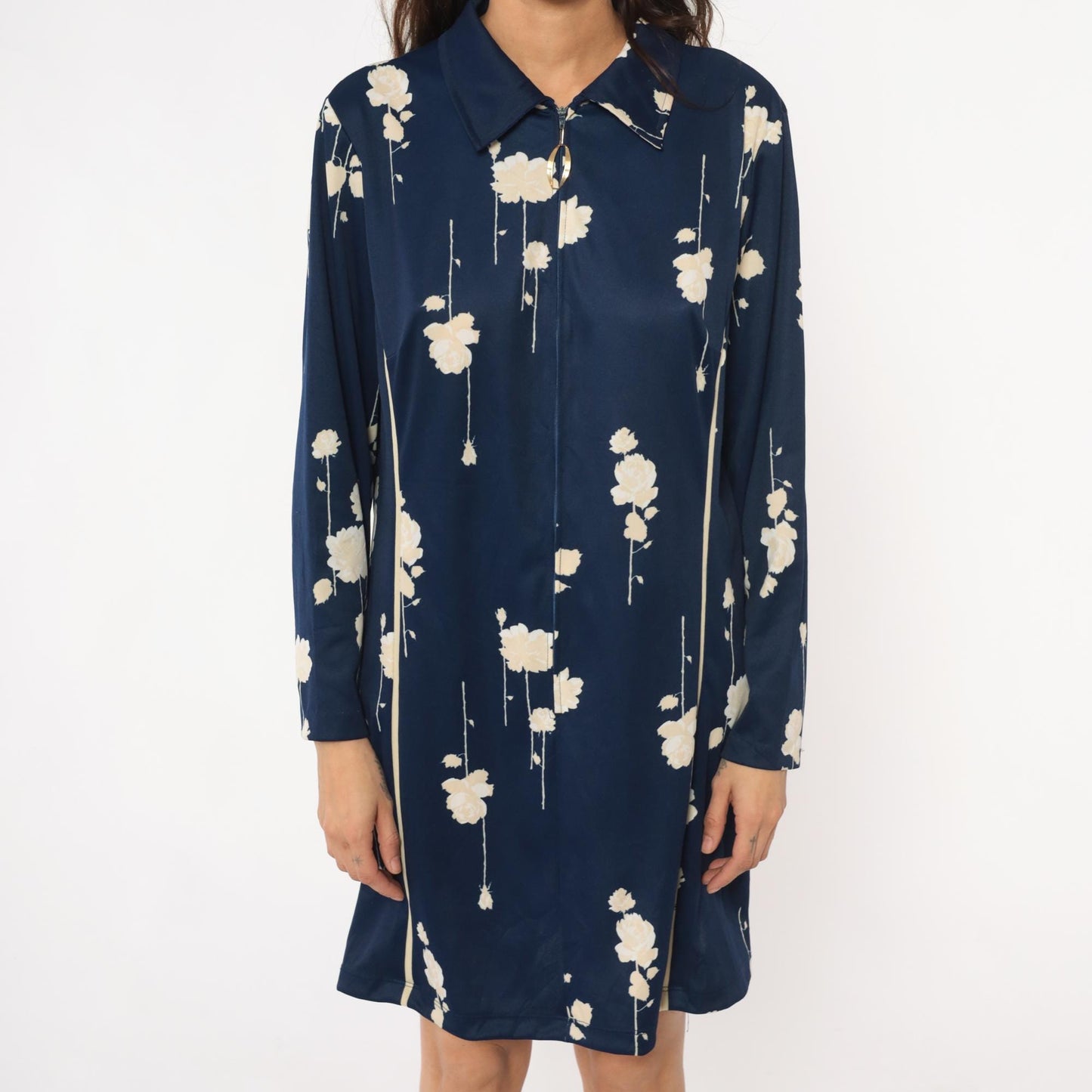 70s Lorac Floral Shirt Dress Dark Blue Cream Pointed Collar Knee Length Medium
