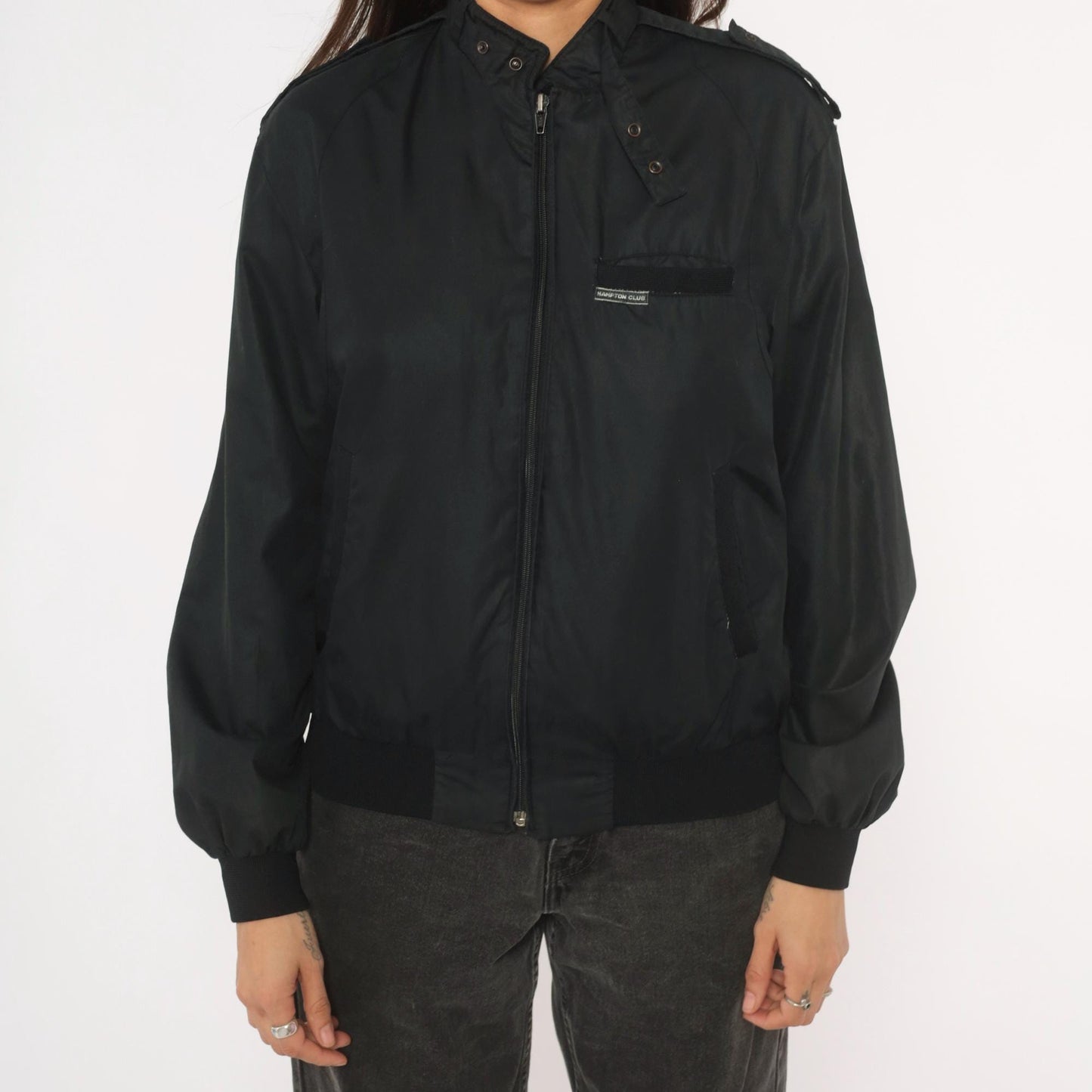 80s Hampton Country Club Black Bomber Jacket Snap Collar Epaulette Extra Small XS
