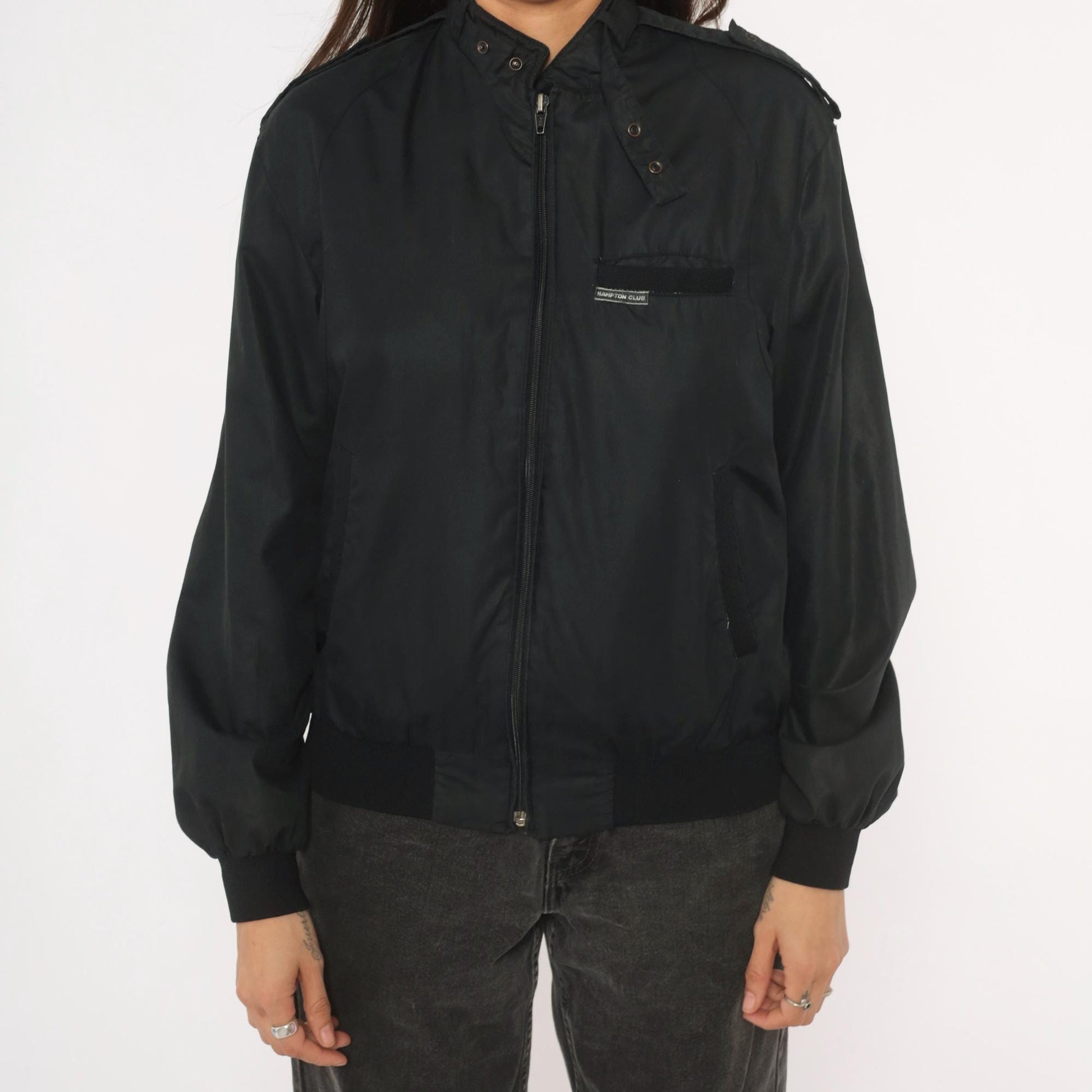 80s Hampton Country Club Black Bomber Jacket Snap Collar Epaulette Extra Small XS