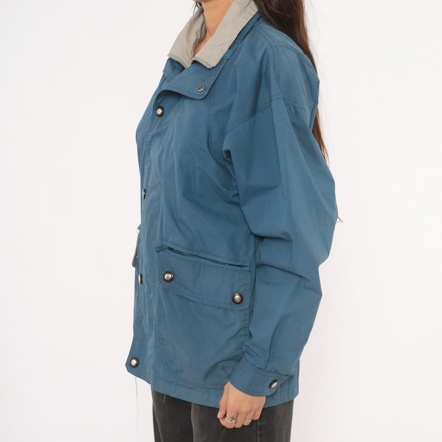 80s Whitefish Bay Slate Blue Field Jacket Grey Lined Utility Coat Small S