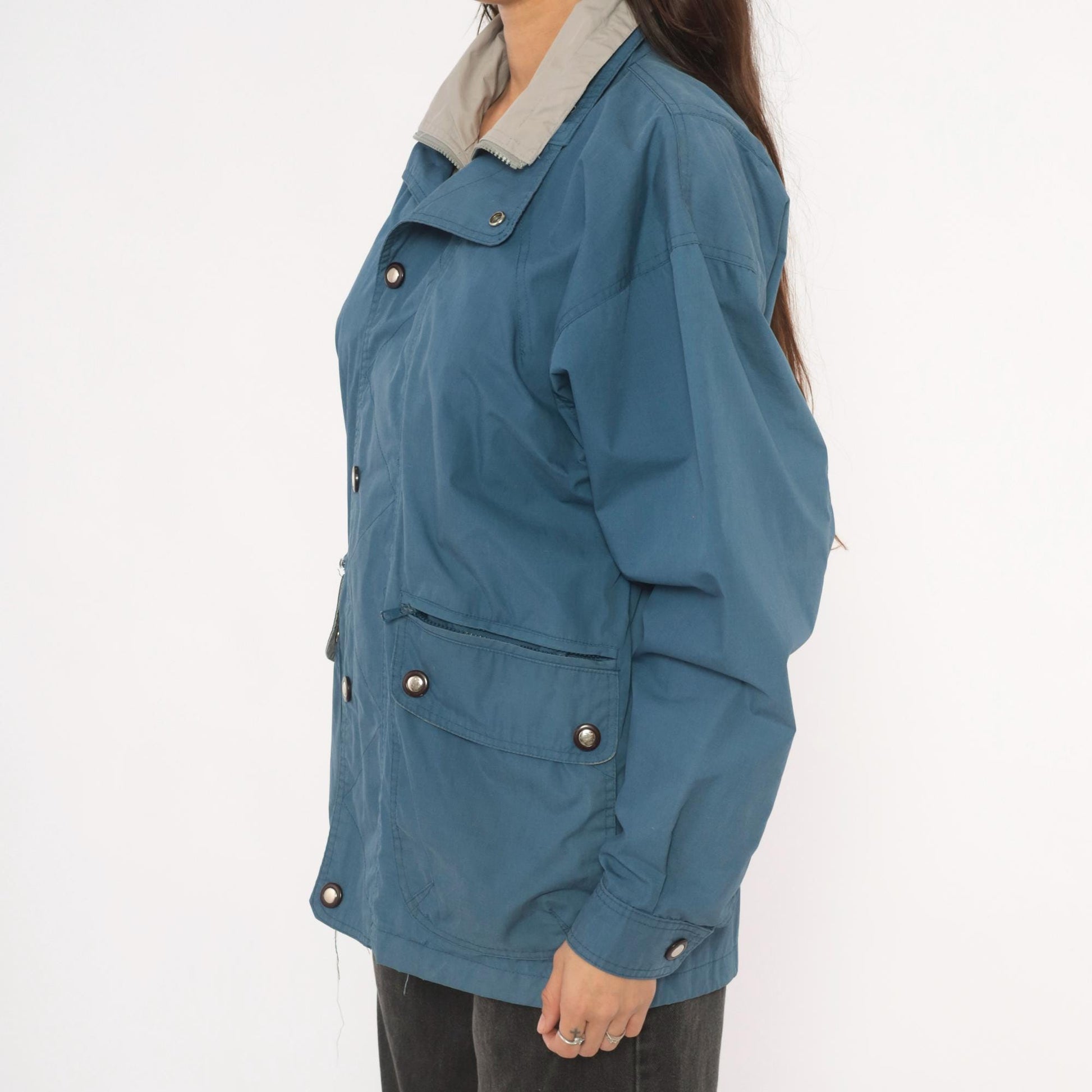 80s Whitefish Bay Slate Blue Field Jacket Grey Lined Utility Coat Small S