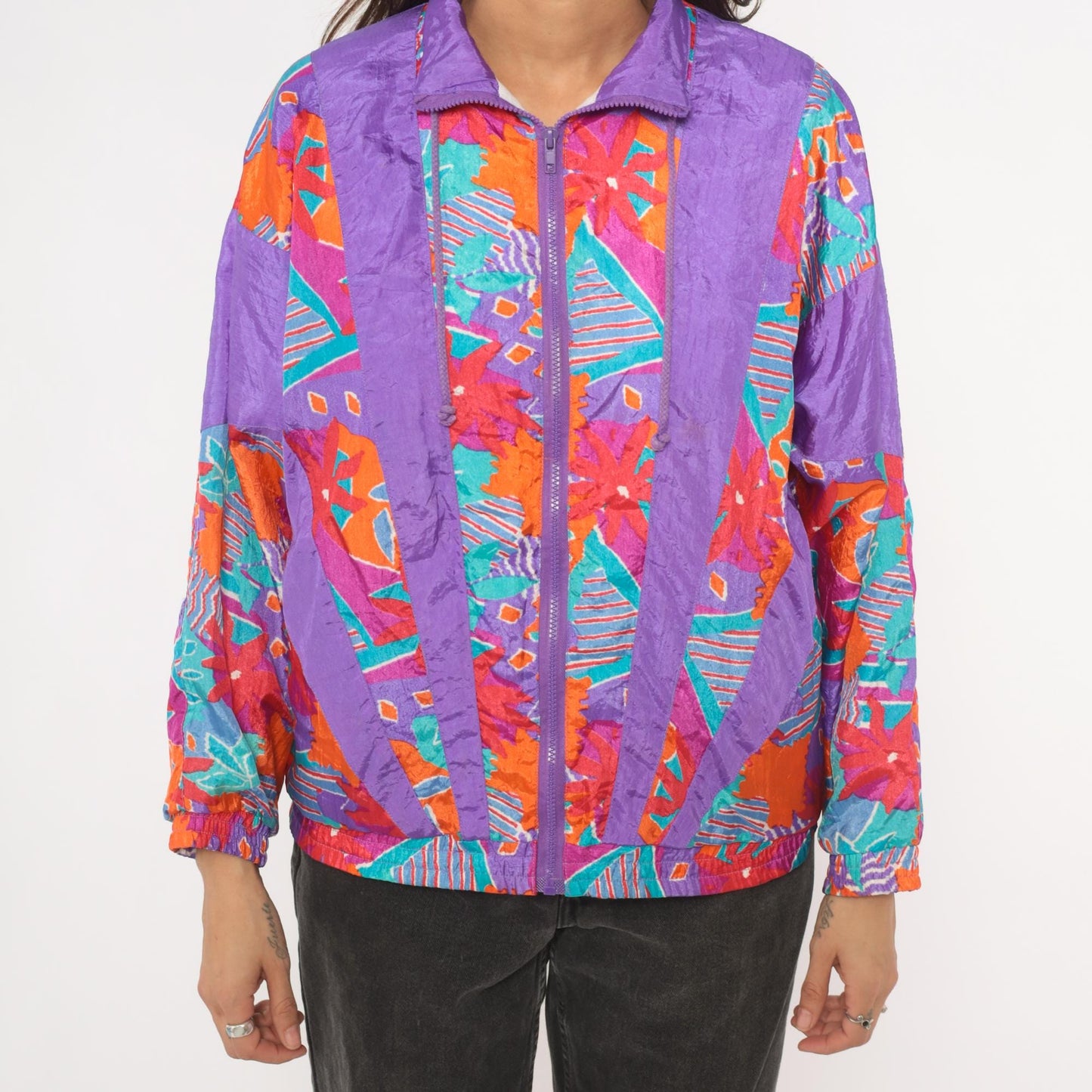 90s Aviat Sportif Windbreaker Purple Geometric Floral Print Small