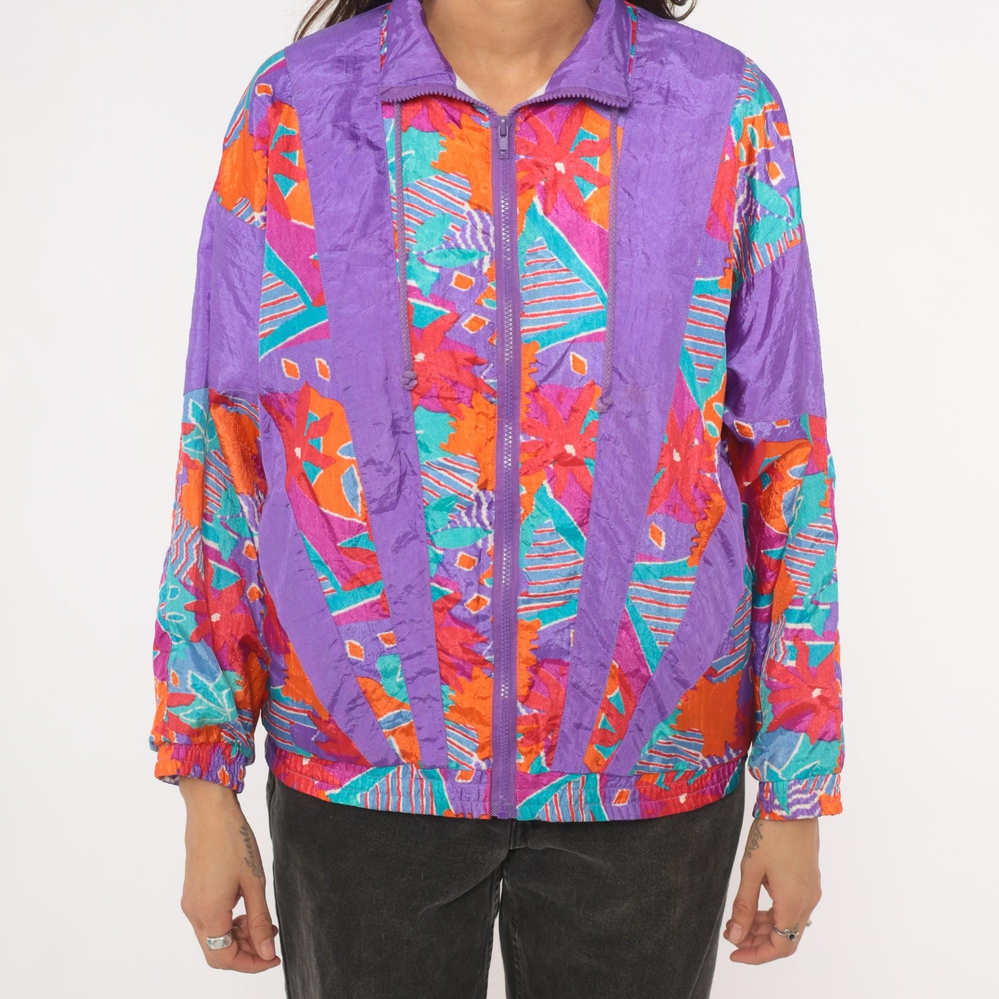 90s Aviat Sportif Windbreaker Purple Geometric Floral Print Small