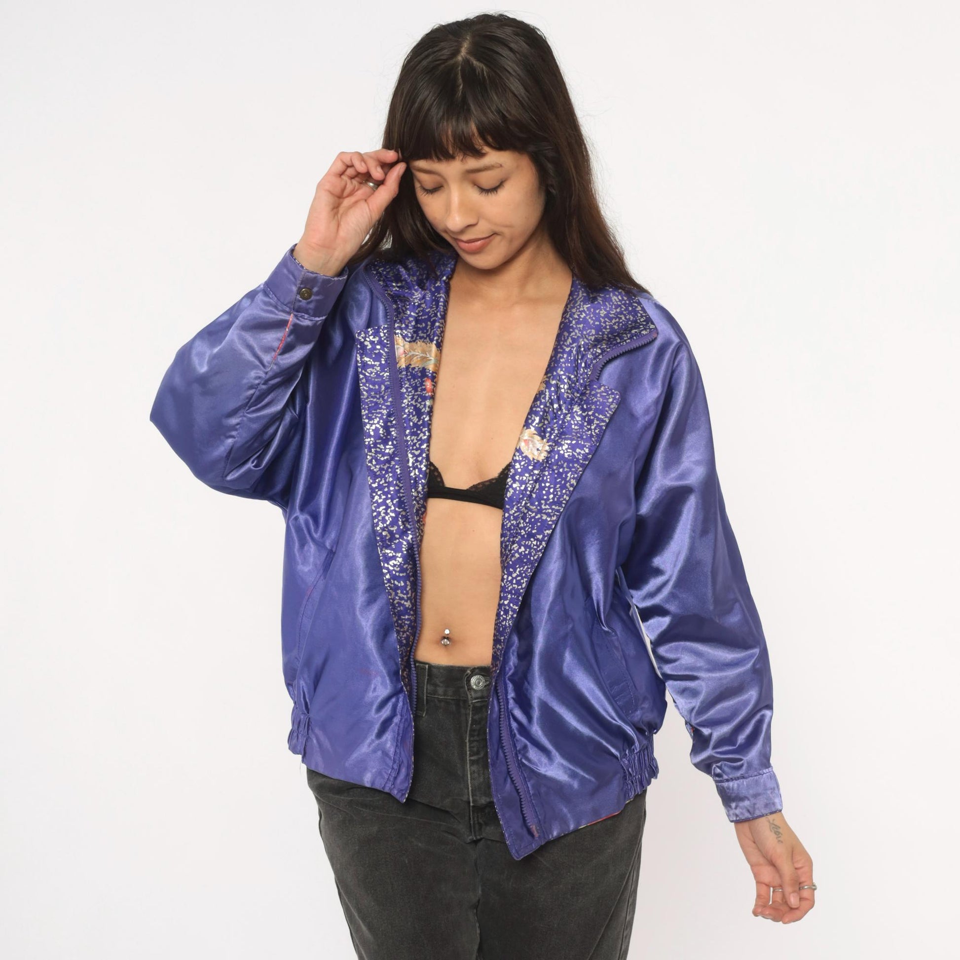 90s GDT Too Floral Metallic Bomber Jacket Purple Gold Reversible Satin Small Medium