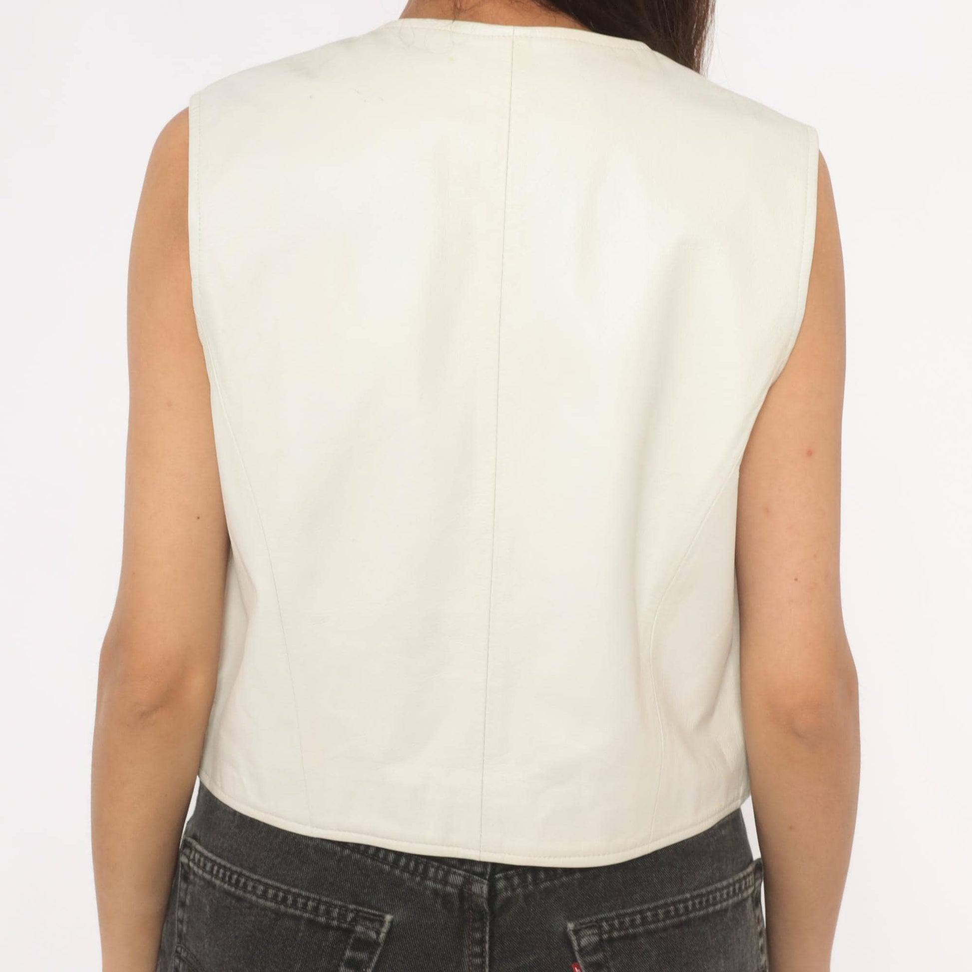 90s Sigrid Olsen White Leather Vest Zip Front Cropped Scoop Neck Medium M