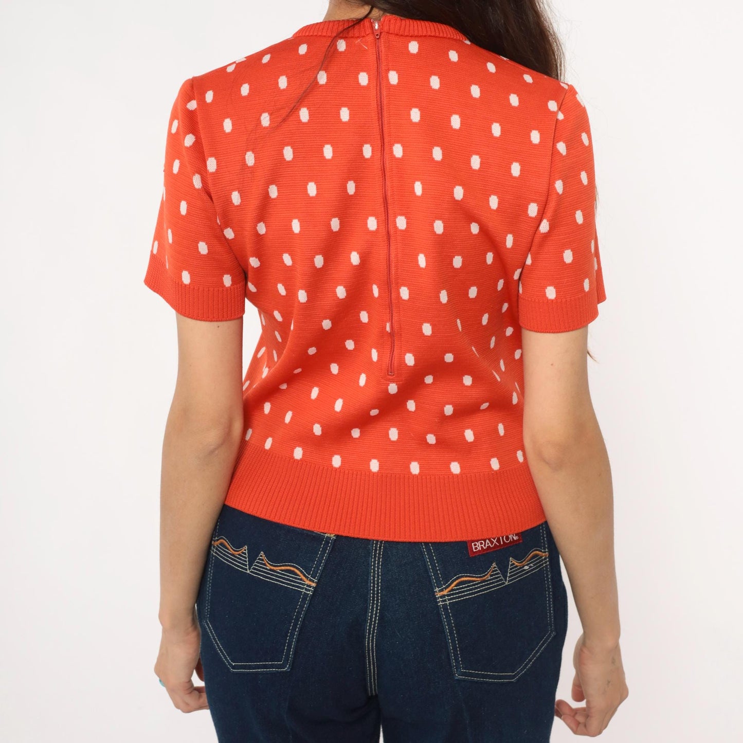 70s Coral Polka Dot Sweater Top Short Sleeve Cropped Knit Zip Back Medium