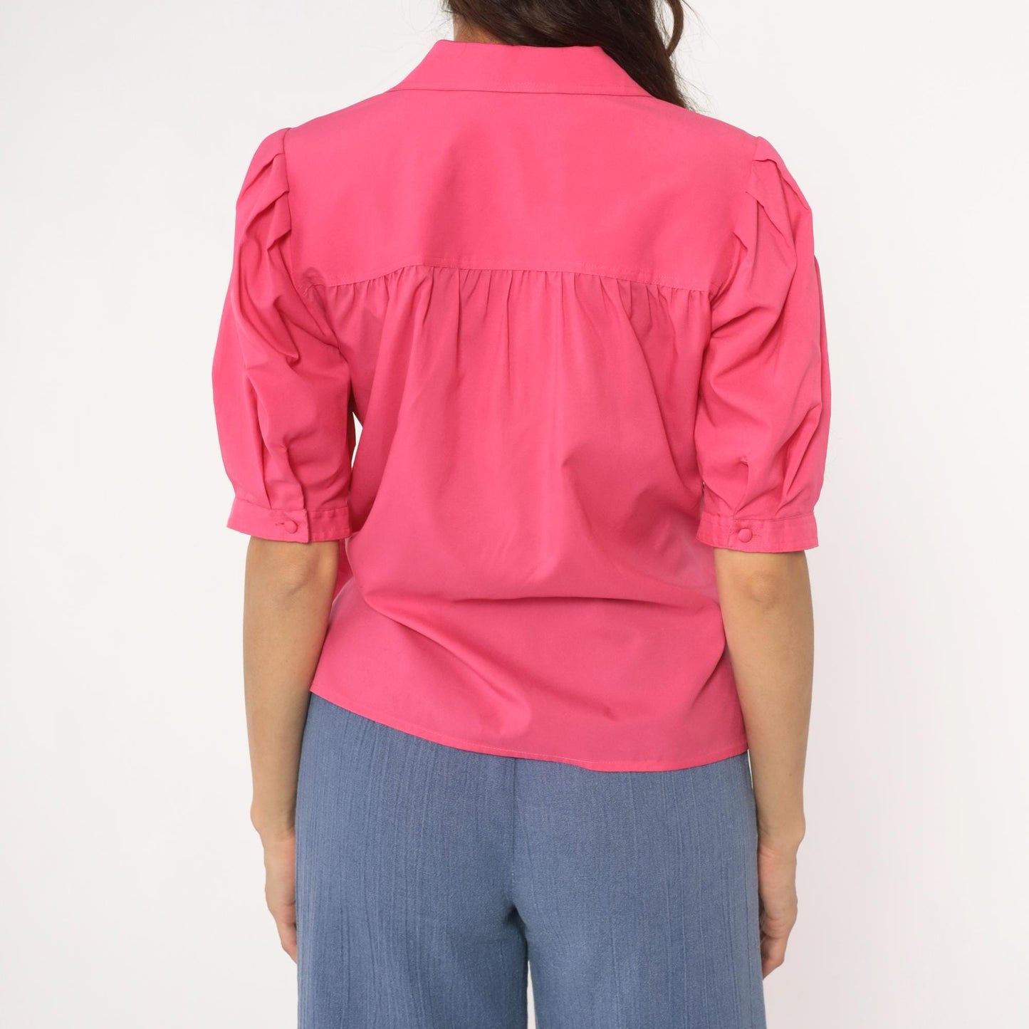 80s Hot Pink Josephine Blouse Puff Sleeve Button Front Power Dressing Medium