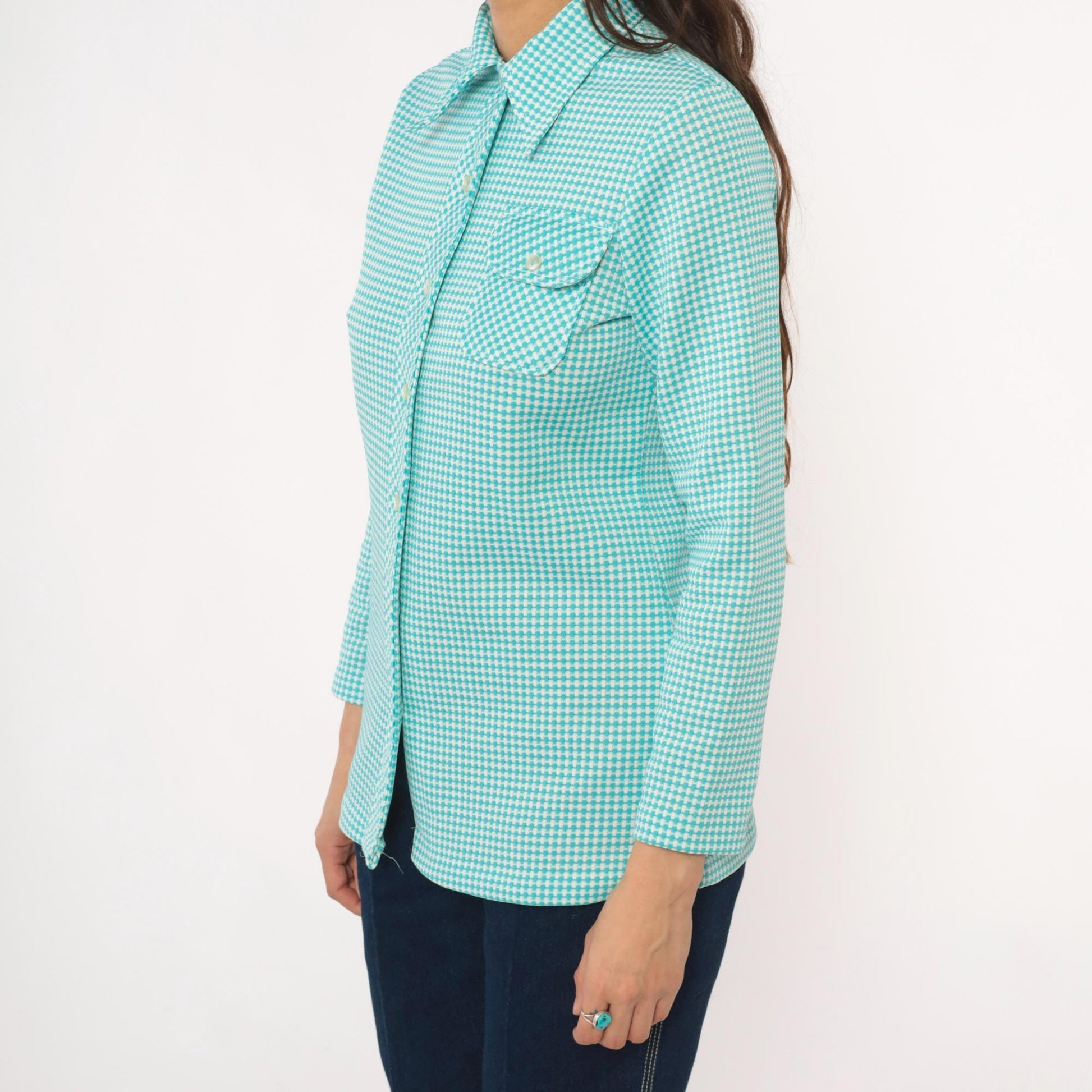 70s Turquoise Gingham Button-Front Shirt Chest Pocket Long Sleeve Small